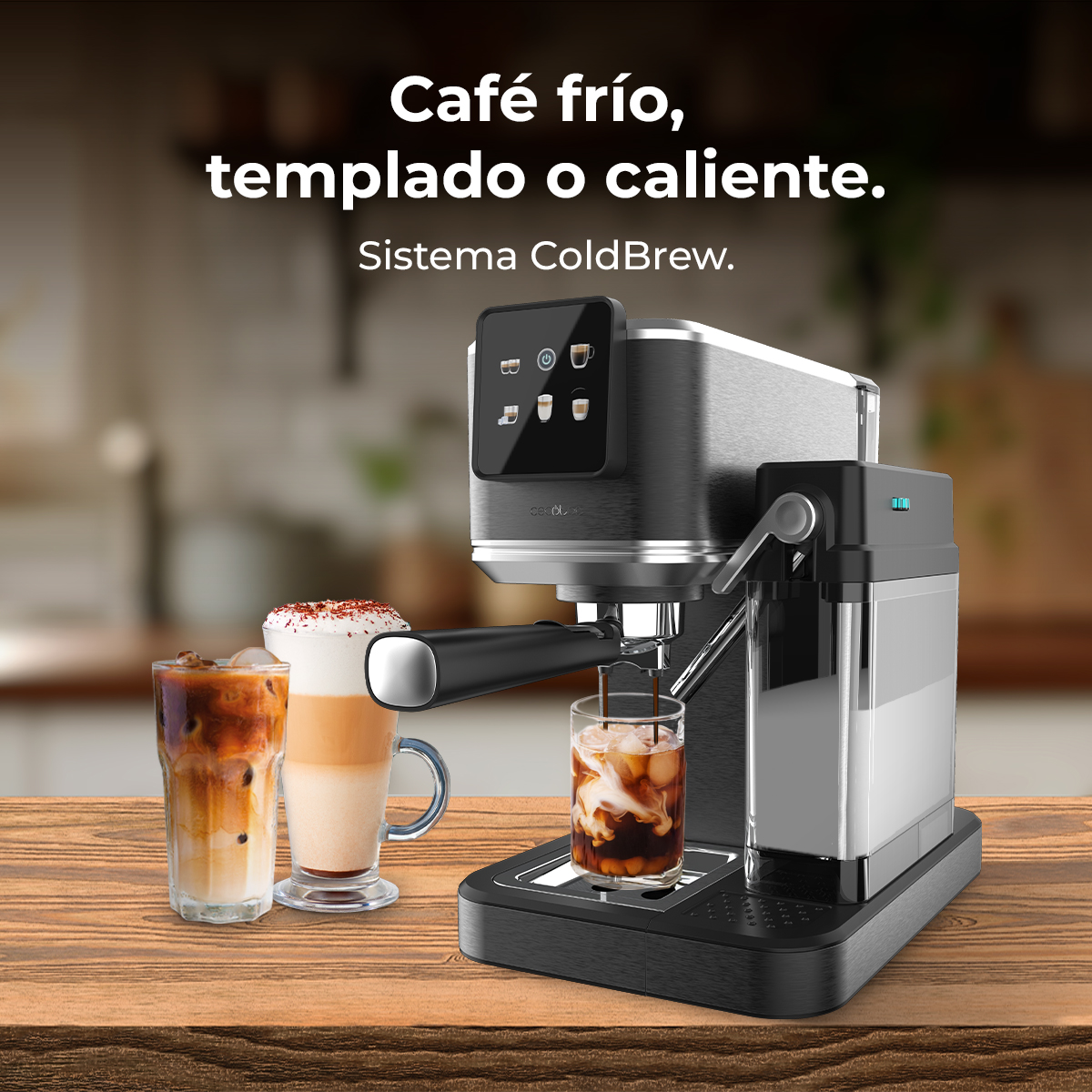 Máquina de café con tres bebidas de café frío y texto que dice 'café frío, templado o caliente'. Mesa de madera.