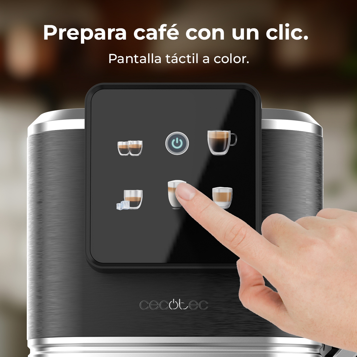 Una mano toca la pantalla de una cafetera. Se muestran iconos de opciones de café. La máquina es negra y plateada.