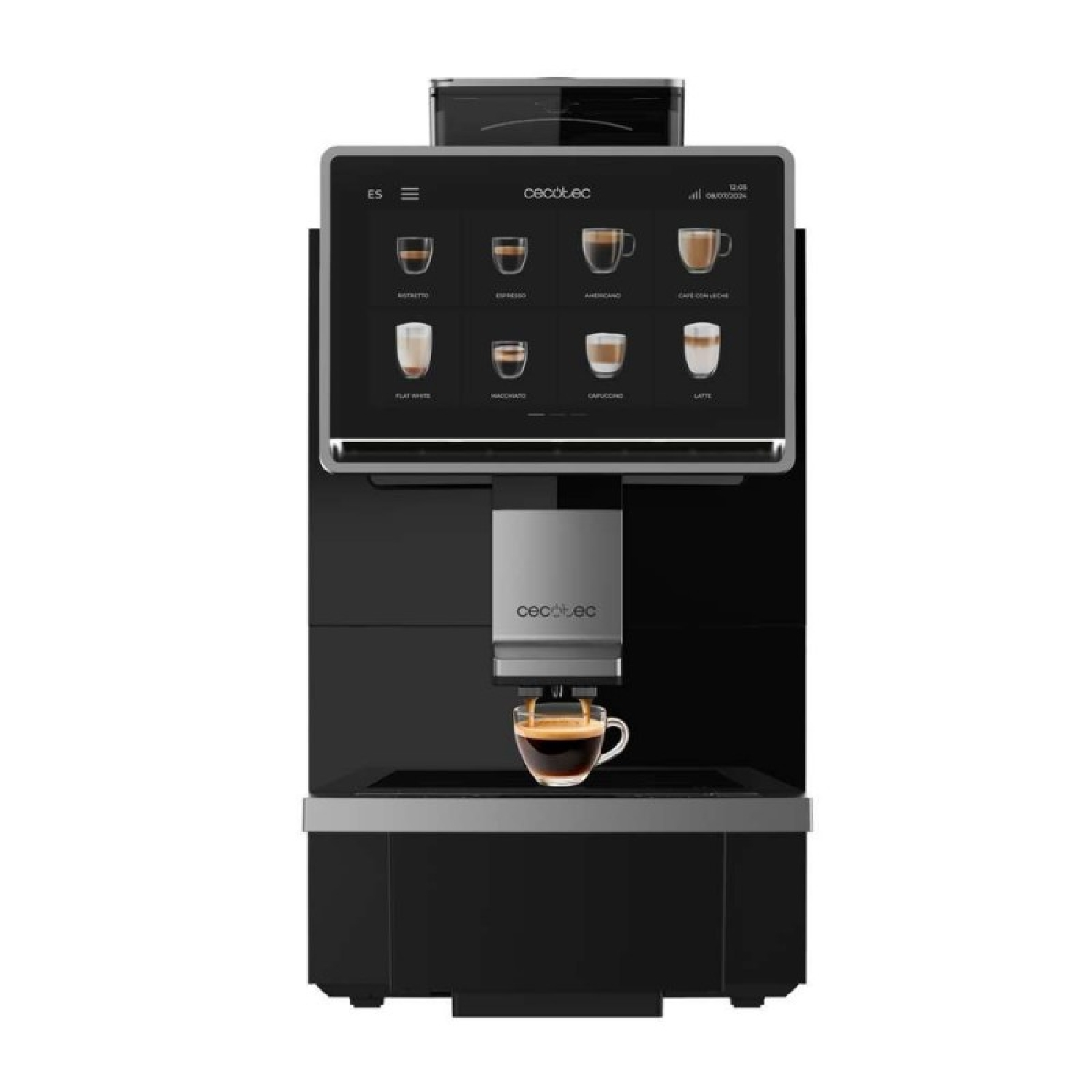 Una cafetera Cecotec negra con pantalla táctil. Hay una taza de café debajo de la boquilla. La pantalla muestra opciones de café.