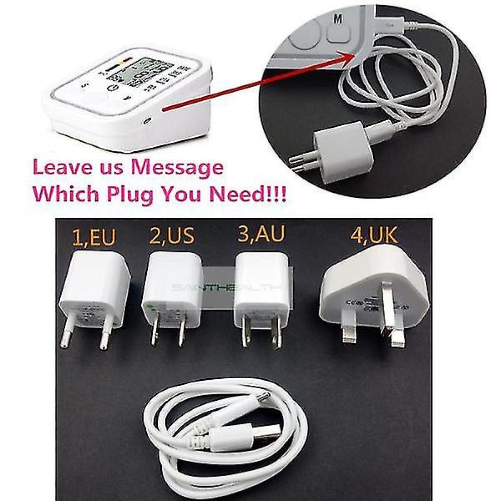 Das Bild zeigt ein weißes Gerät, verschiedene Netzadapter mit den Bezeichnungen EU, US, AU, UK und ein Ladekabel. Text: Hinterlassen Sie uns eine Nachricht, welchen Stecker Sie benötigen!!!