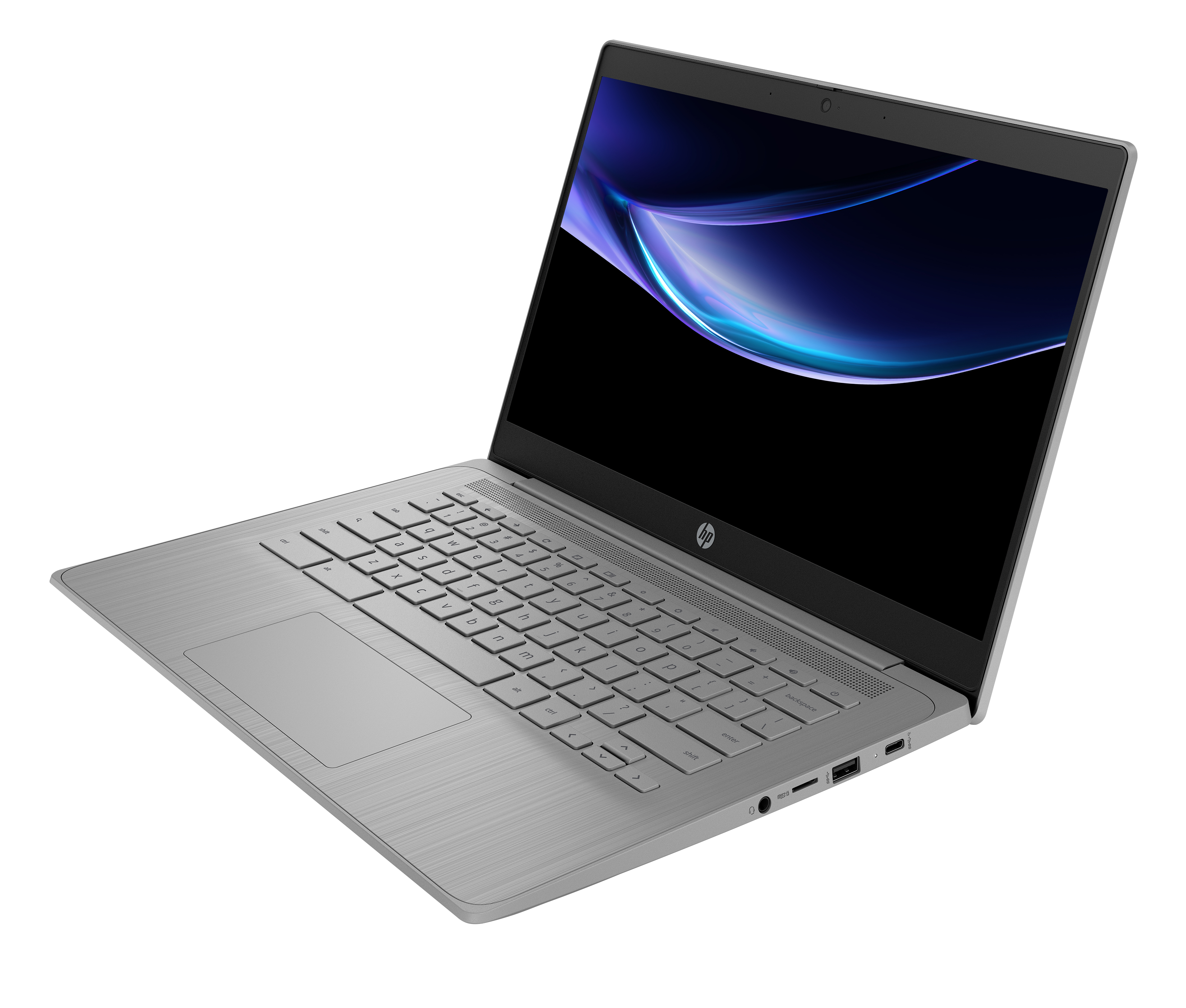 Laptop argentato con schermo aperto. Lo schermo mostra un design blu e viola. Tastiera visibile.