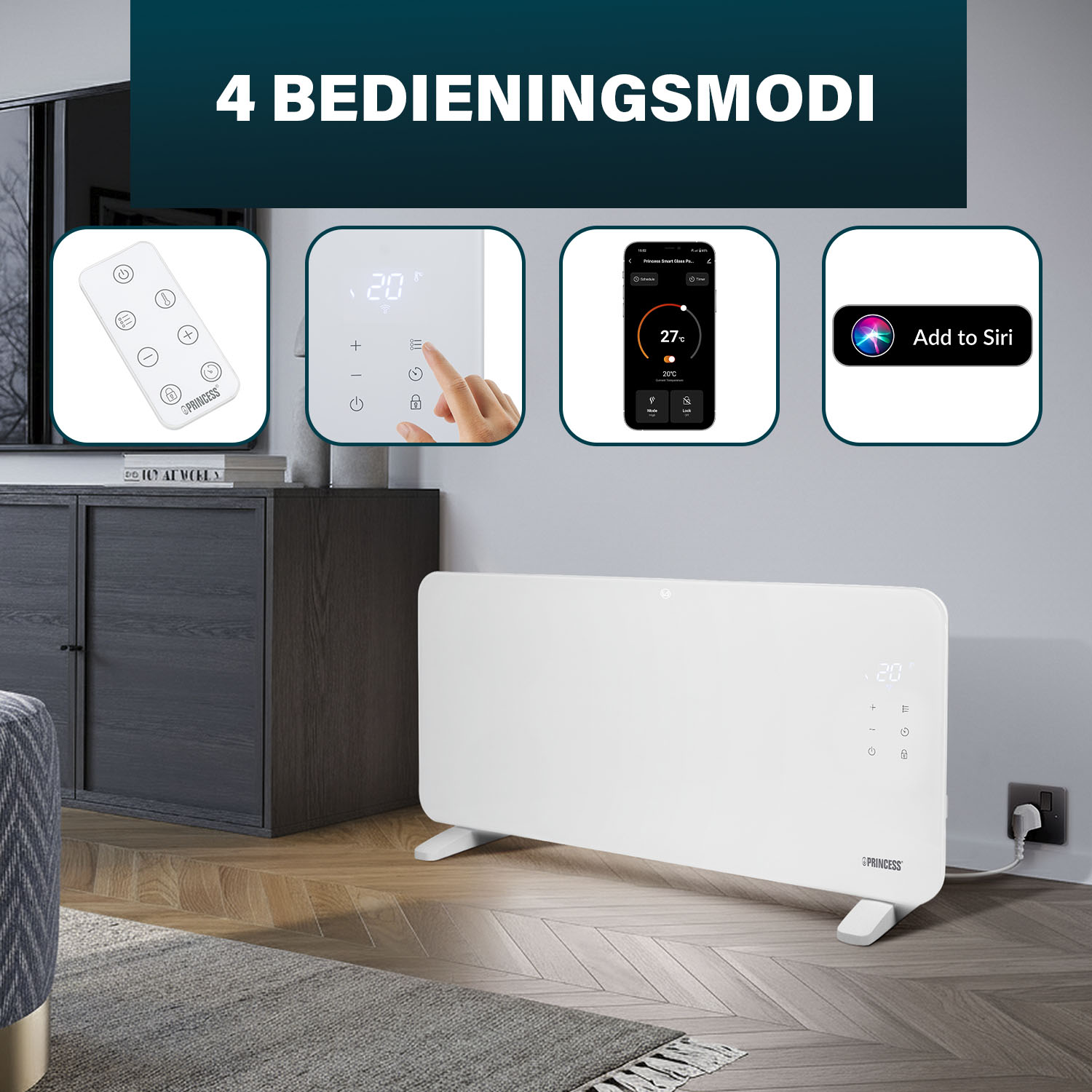 Een witte Princess-verwarming toont 20°C. Toont afstandsbediening, aanraking, app en Siri-bedieningsopties. Een woonkamersetting met tapijt en meubels.