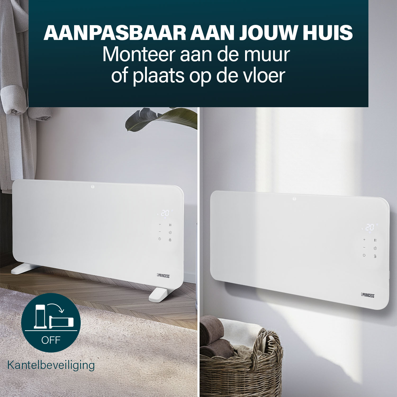 Een witte Princess-verwarming wordt getoond, gemonteerd aan een muur en staand op de vloer. Het heeft een digitaal display en bedieningsknoppen.