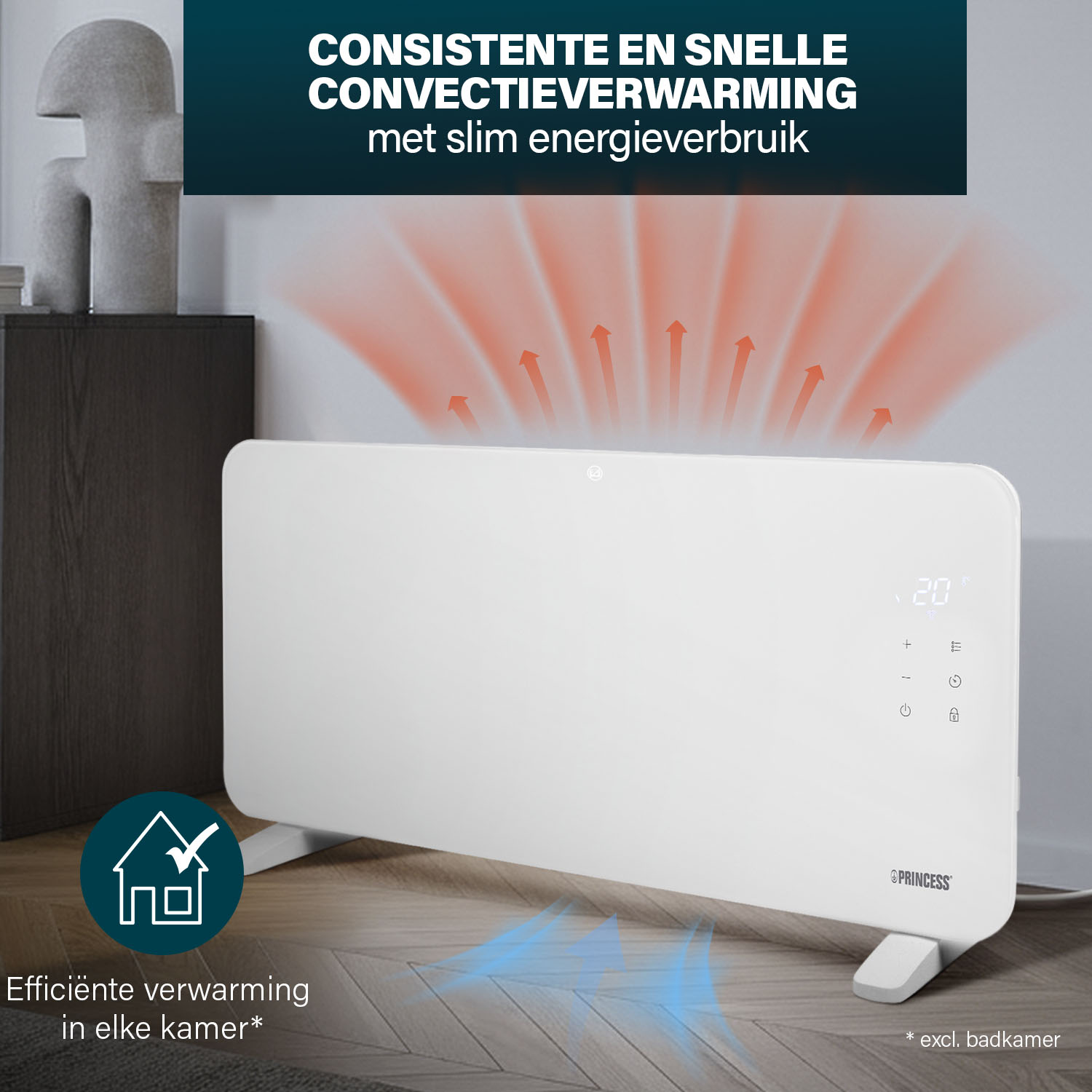 Een witte Princess convectieverwarming op een houten vloer. De verwarming geeft 20 graden aan. De achtergrond toont een kast en een beeldhouwwerk.