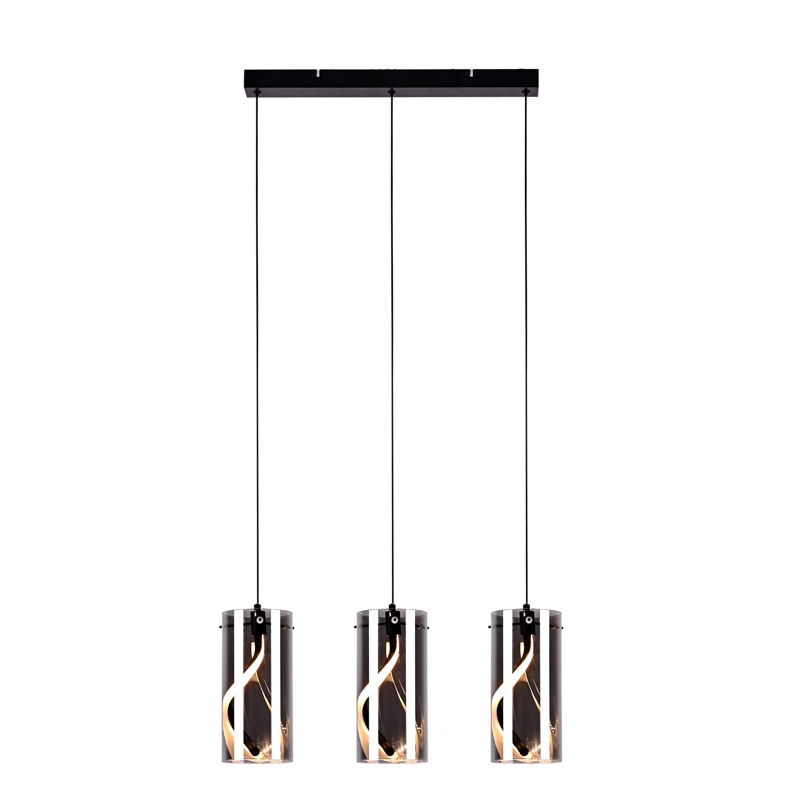 Drei Pendelleuchten mit zylindrischen Schirmen. Jede hat ein schwarzes Kabel und eine Halterung. Die Schirme haben goldene Designs.