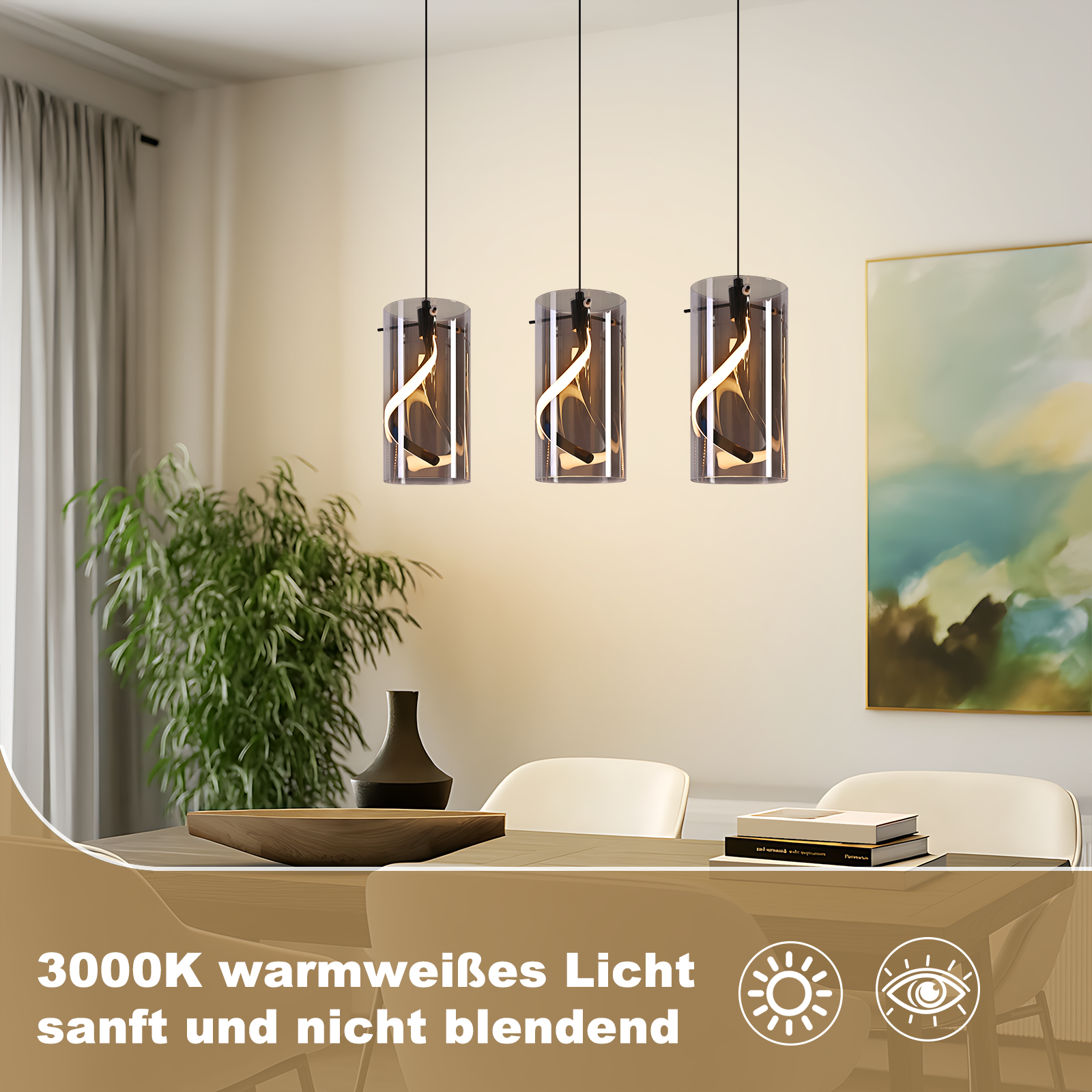 Drei Pendelleuchten mit Spiraldesign hängen über einem Tisch. Ein Gemälde und eine Pflanze sind im Hintergrund.