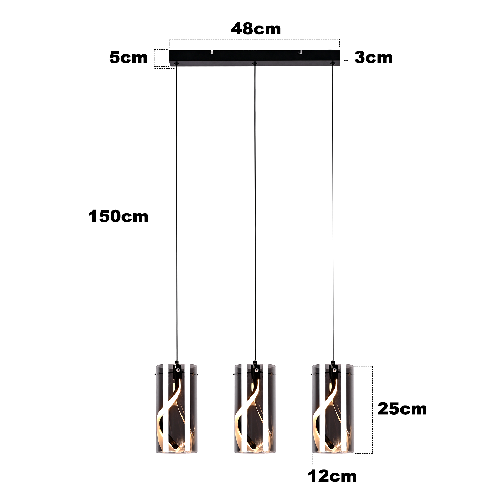 Eine moderne Pendelleuchte mit drei zylindrischen Schirmen. Jeder Schirm hat ein dekoratives Lichtdesign.
