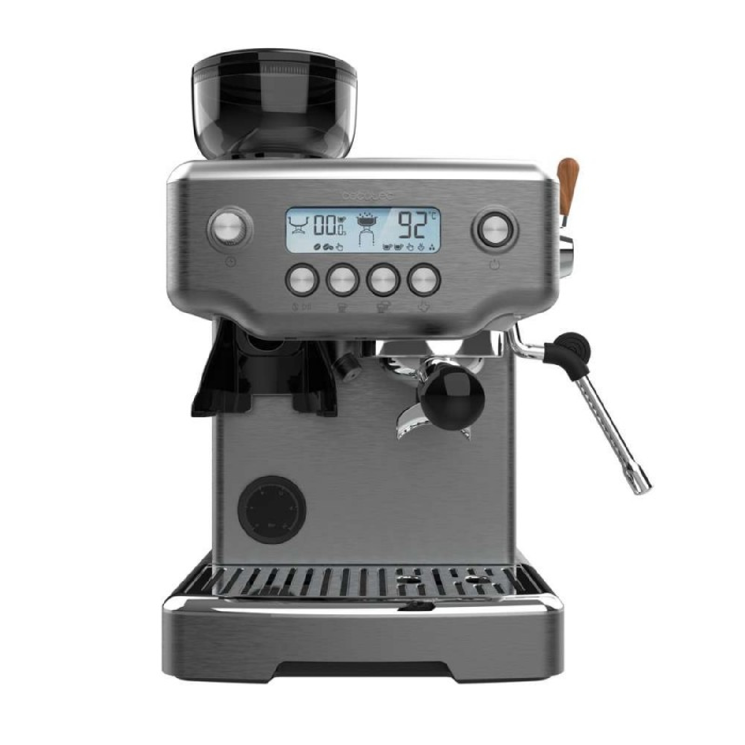 Una macchina per espresso metallica con un macinacaffè nero sopra. Ha un display digitale e vari pulsanti.