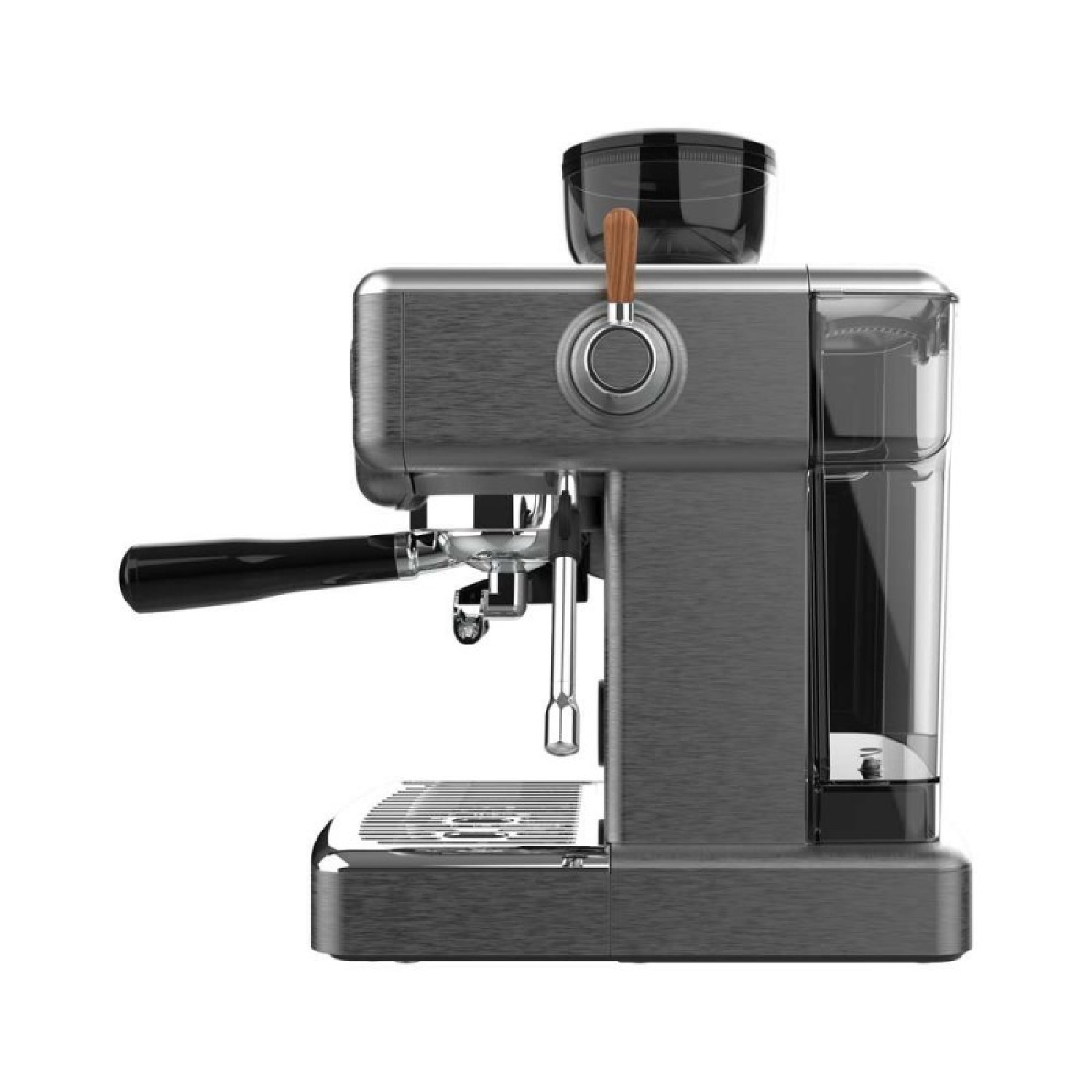 Una macchina per espresso metallica con manico nero, serbatoio dell'acqua e contenitore per chicchi di caffè.