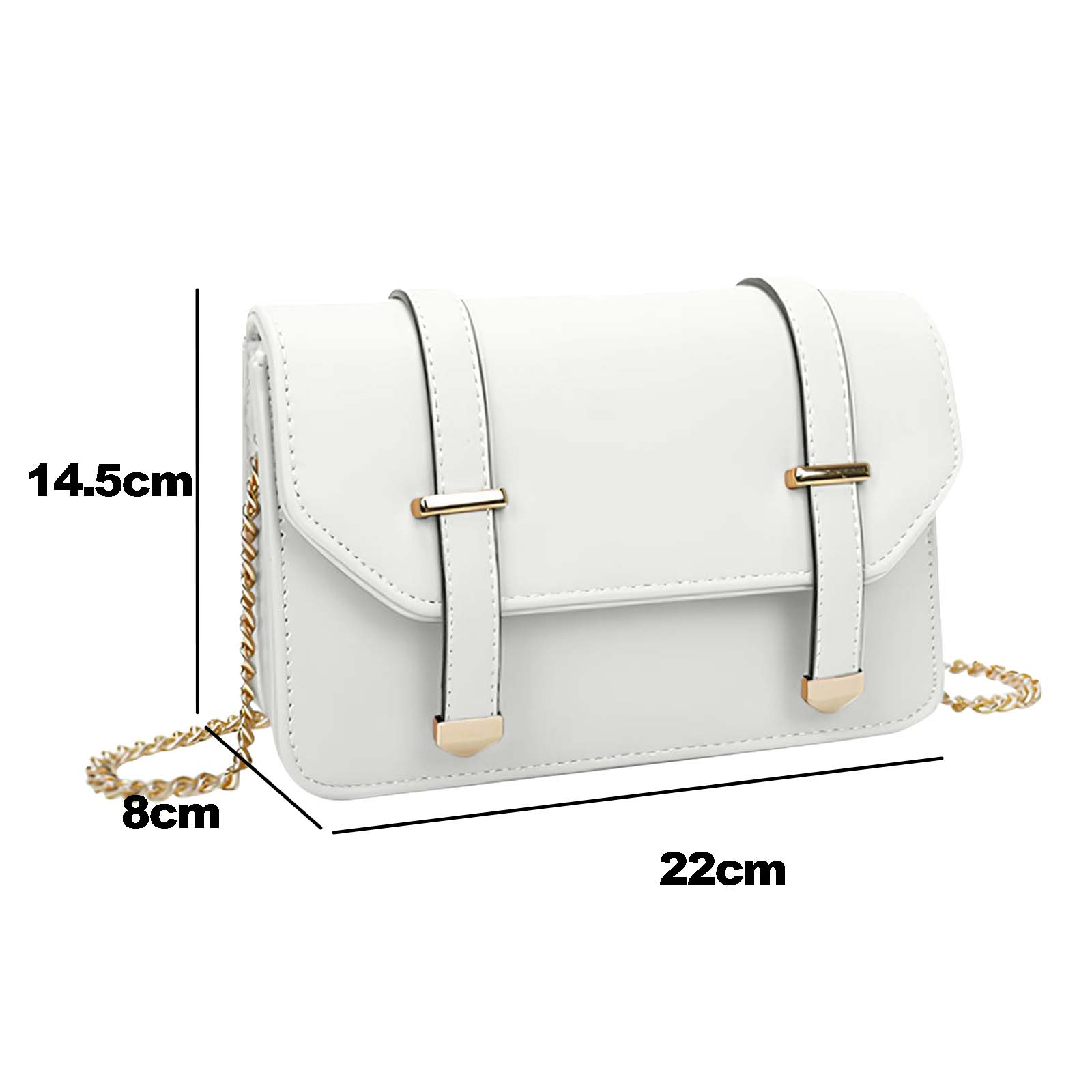 Bolso de mano blanco con cadena dorada, dimensiones marcadas: 14,5 cm alto, 8 cm ancho, 22 cm largo. Tiene dos correas.