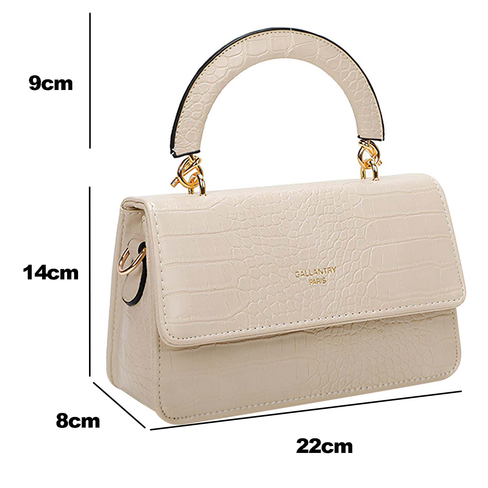 Un bolso beige con asa, detalles dorados y textura de cocodrilo. Las dimensiones están marcadas en la imagen.