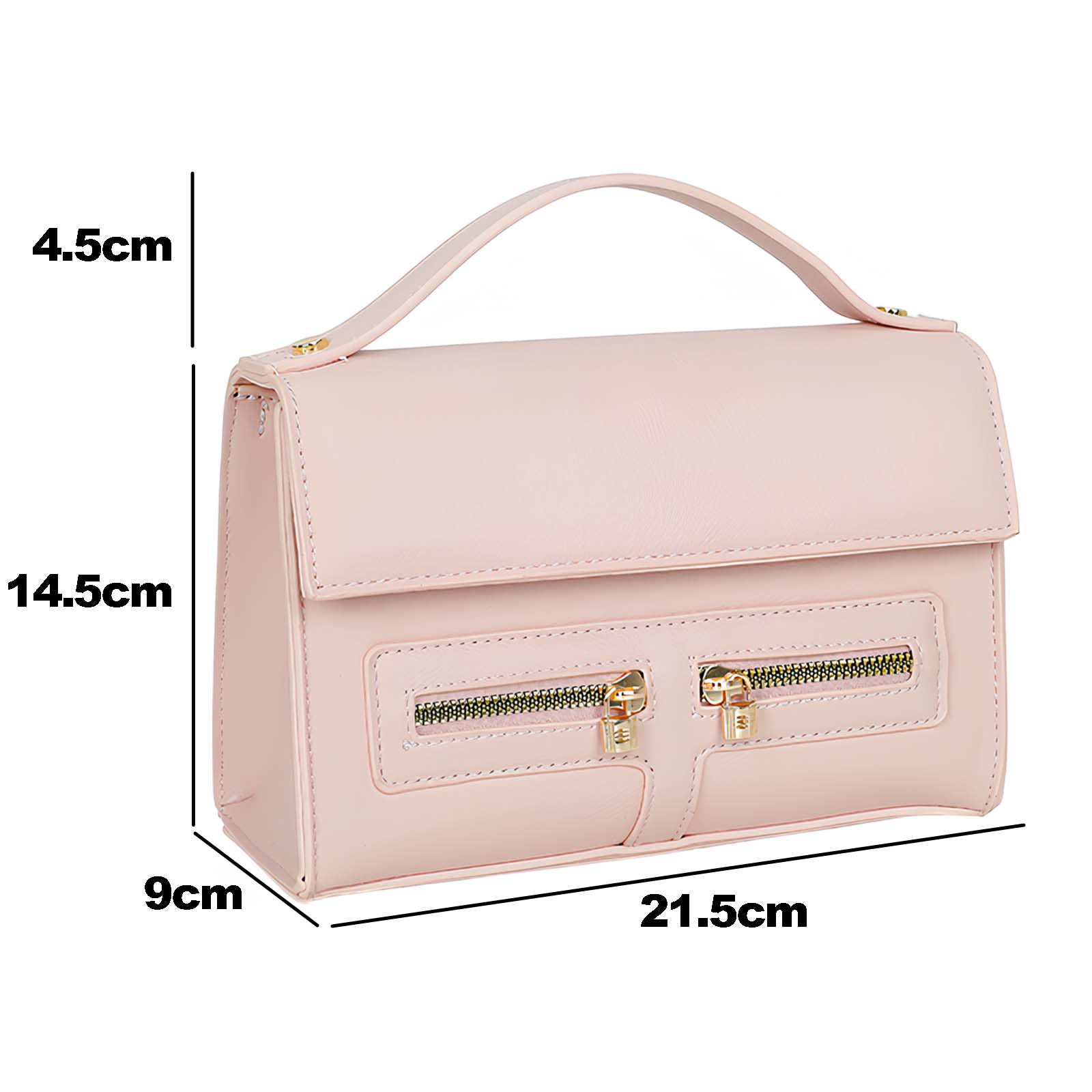 Se muestra un bolso rosa con asa y dos compartimentos con cremallera sobre un fondo blanco con medidas.