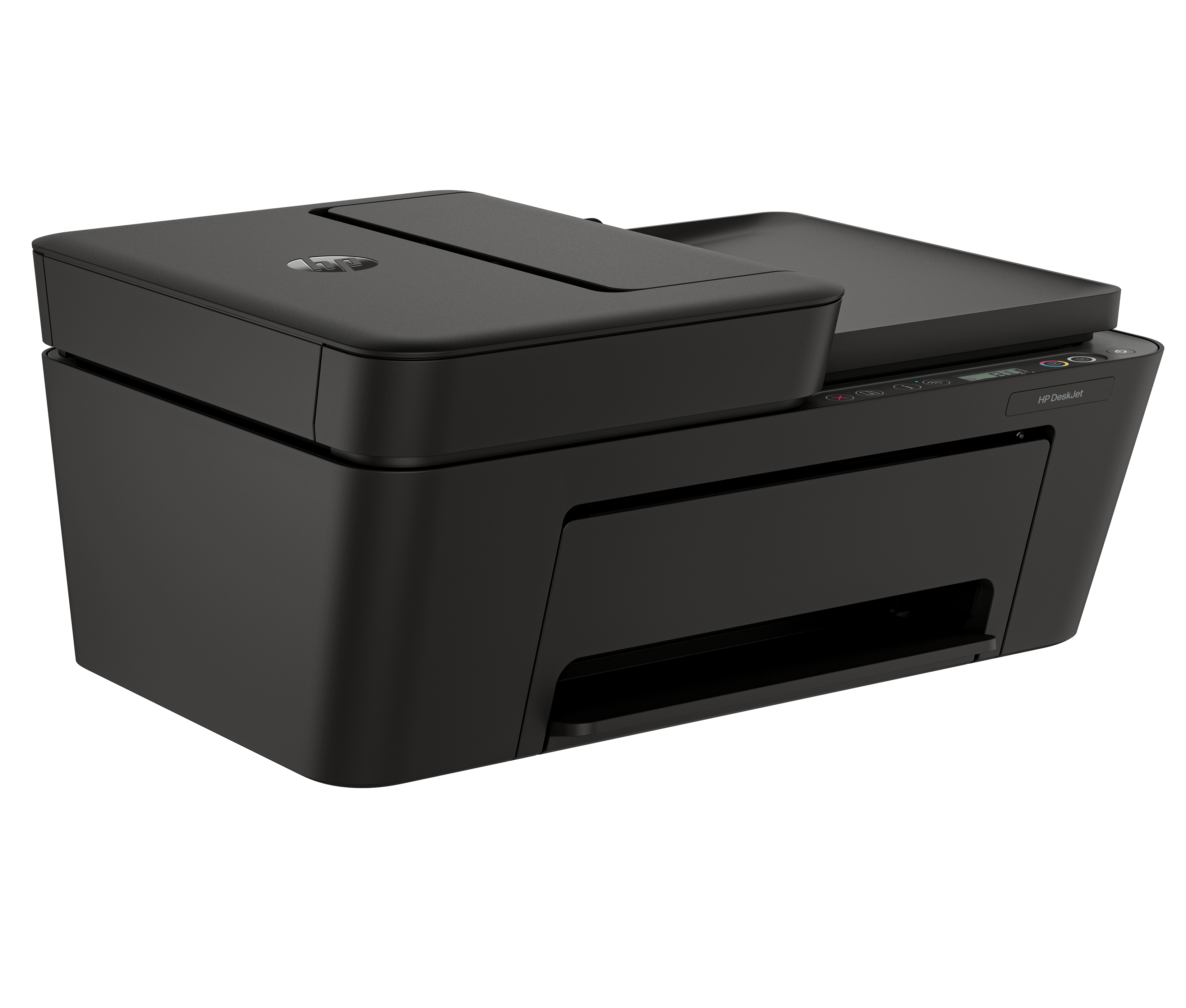 Zwarte HP DeskJet-printer op witte achtergrond. Kenmerken zijn een scannerklep en bedieningspaneel.