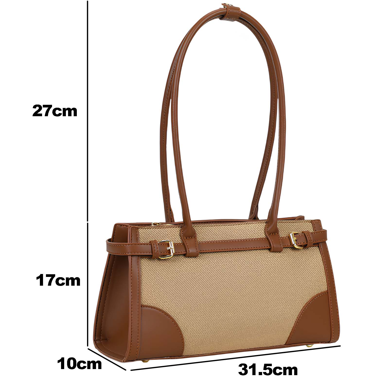 Un bolso marrón y beige con dimensiones etiquetadas. Cuenta con asa, hebillas y diseño estructurado, aislado sobre blanco.