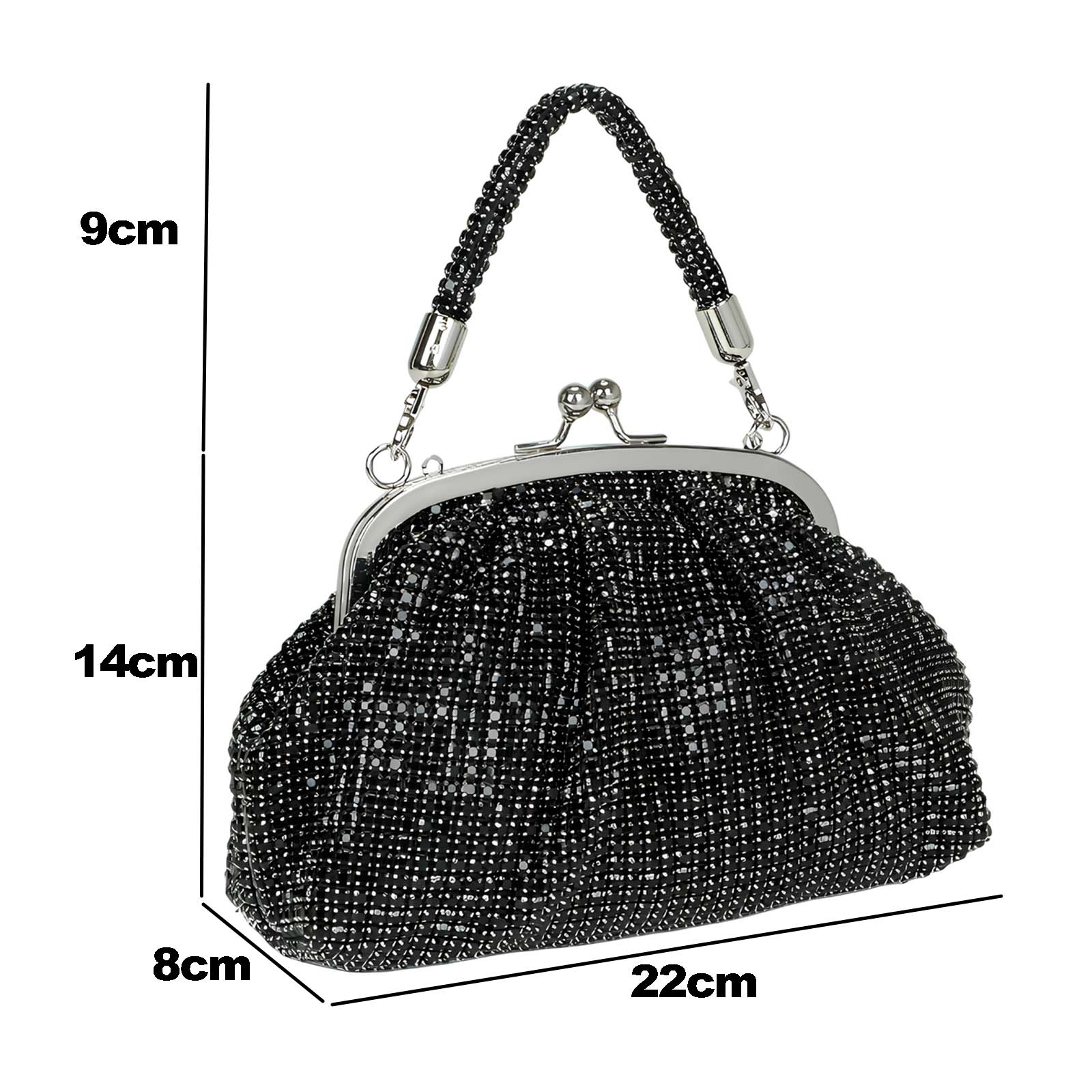 Una pochette nera con perline, manico con perline, chiusura argentata e dimensioni indicate: 22x14x8 cm, manico 9 cm.