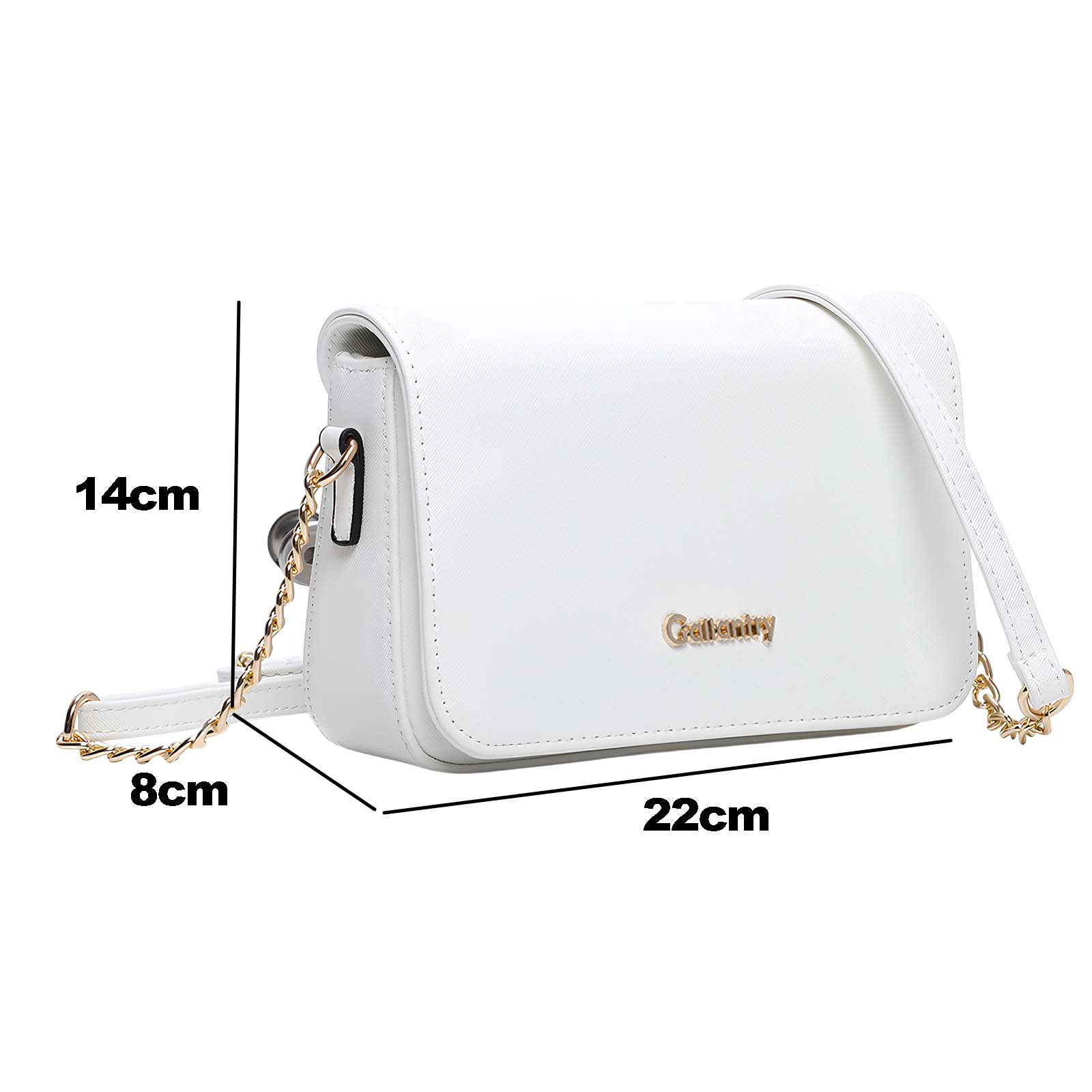 Un bolso blanco con dimensiones etiquetadas. Tiene una correa de cadena y detalles dorados. La marca es visible.