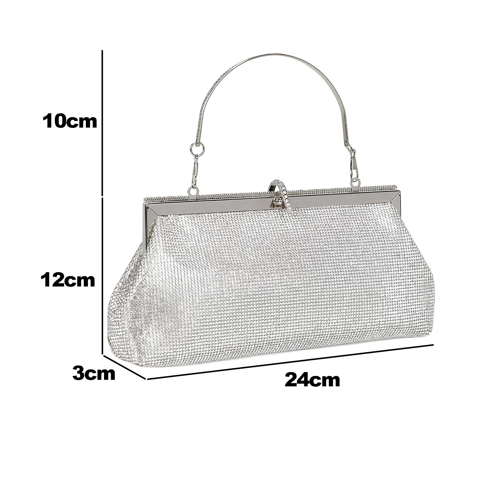 Una borsa da sera argentata con manico. È lunga 24 cm, alta 12 cm e larga 3 cm. Le misure sono mostrate nell'immagine.