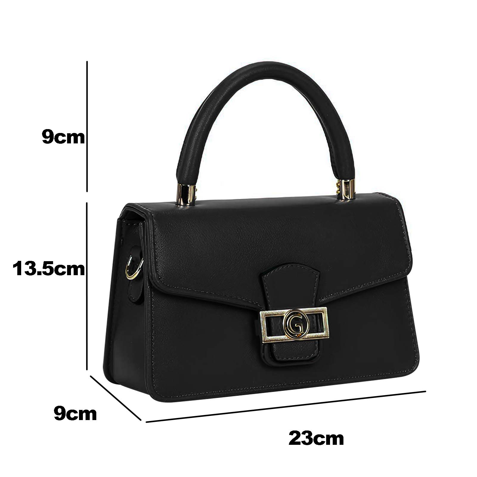 Bolso negro con detalles dorados. Se muestran las dimensiones. Asa en la parte superior. Forma rectangular.