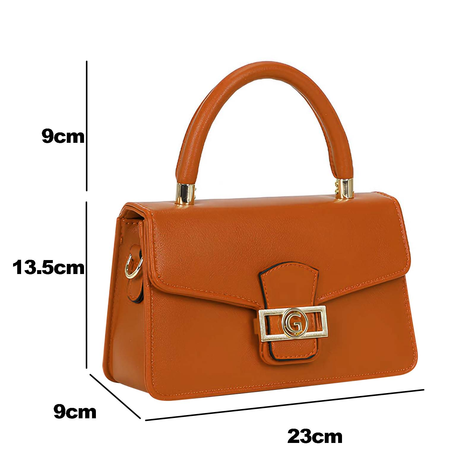 Un bolso naranja con asa. Dimensiones: 23 cm de ancho, 13,5 cm de alto, 9 cm de profundidad. Con cierre dorado.