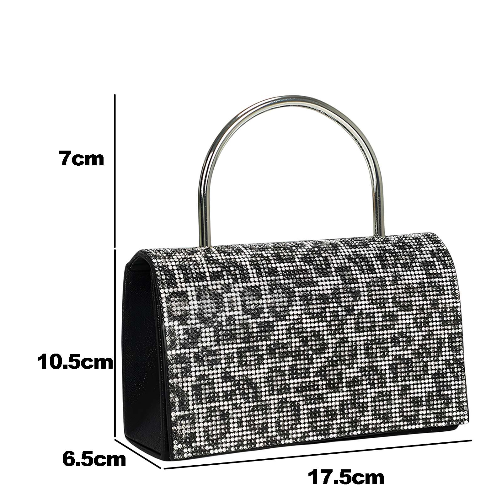 Un bolso brillante con asa plateada. Dimensiones: 7 cm alto, 10,5 cm largo, 6,5 cm ancho, 17,5 cm largo.