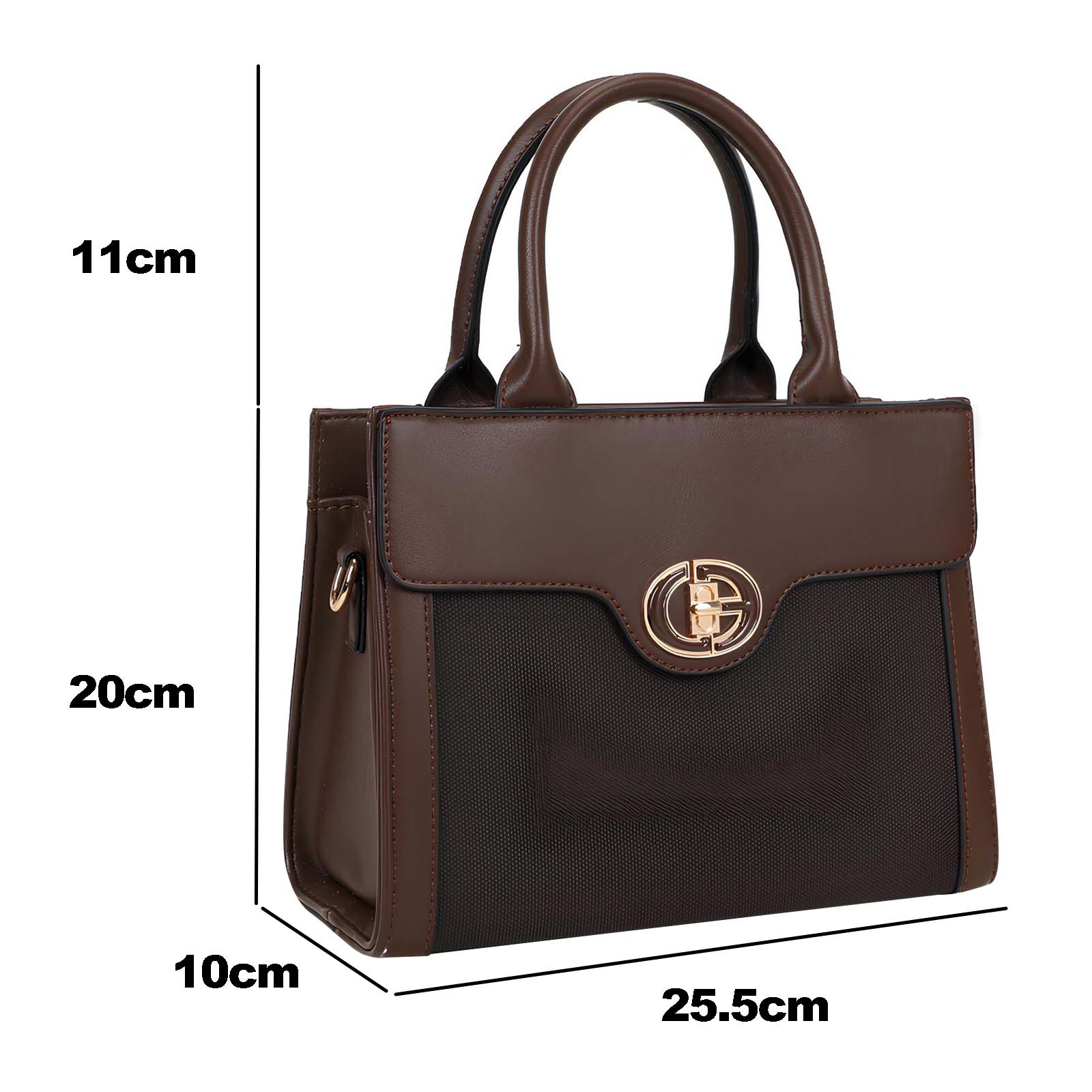Bolso marrón con asas, dimensiones etiquetadas. Cuenta con un cierre dorado y un panel de malla oscura.