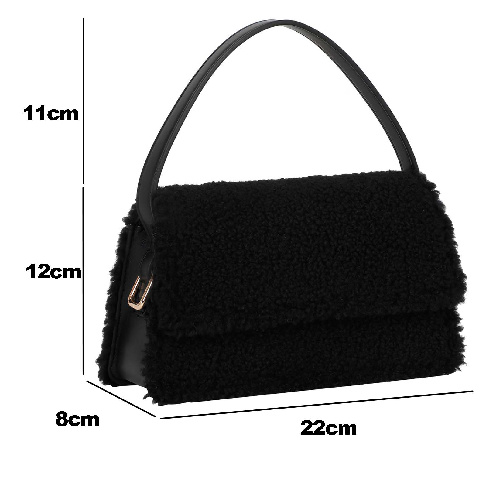 Bolso negro y esponjoso con asa. Dimensiones: 22cm x 12cm x 8cm. El asa mide 11cm.