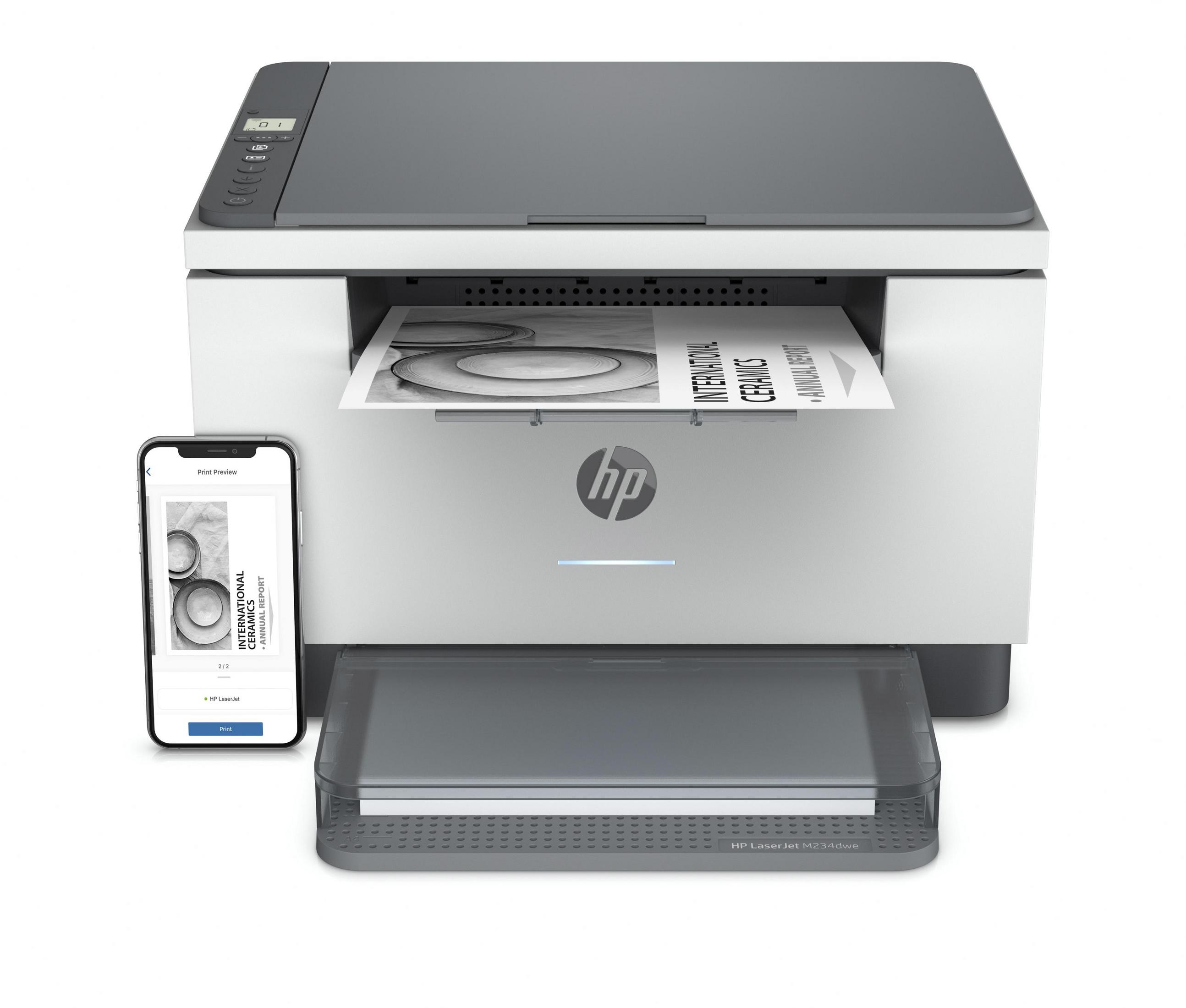 Ein weißer und grauer HP-Drucker mit einem Ausdruck eines Jahresberichts. Ein Telefon zeigt die Druckvorschau.