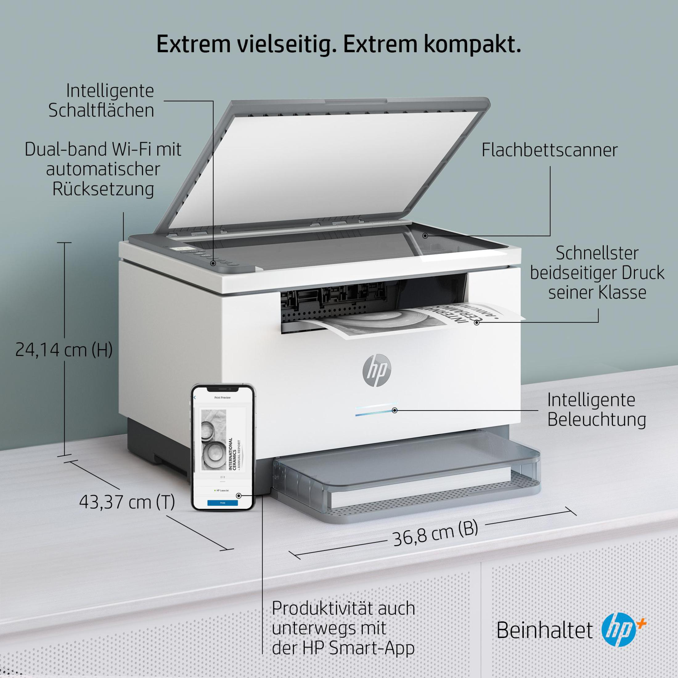 Weiß-grauer HP-Drucker mit offenem Deckel. Abmessungen werden angezeigt. Text enthält 'Smart-App' und 'Intelligent'.
