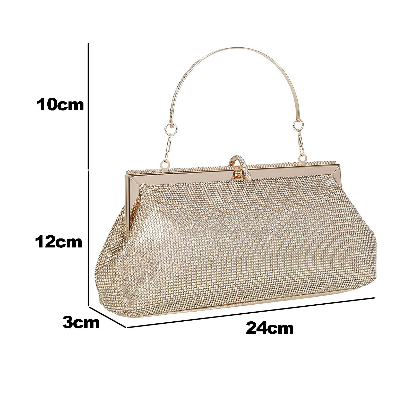 Pochette dorata con manico, ricoperta di piccole pietre. Dimensioni: 24x12x3cm. Manico 10cm.