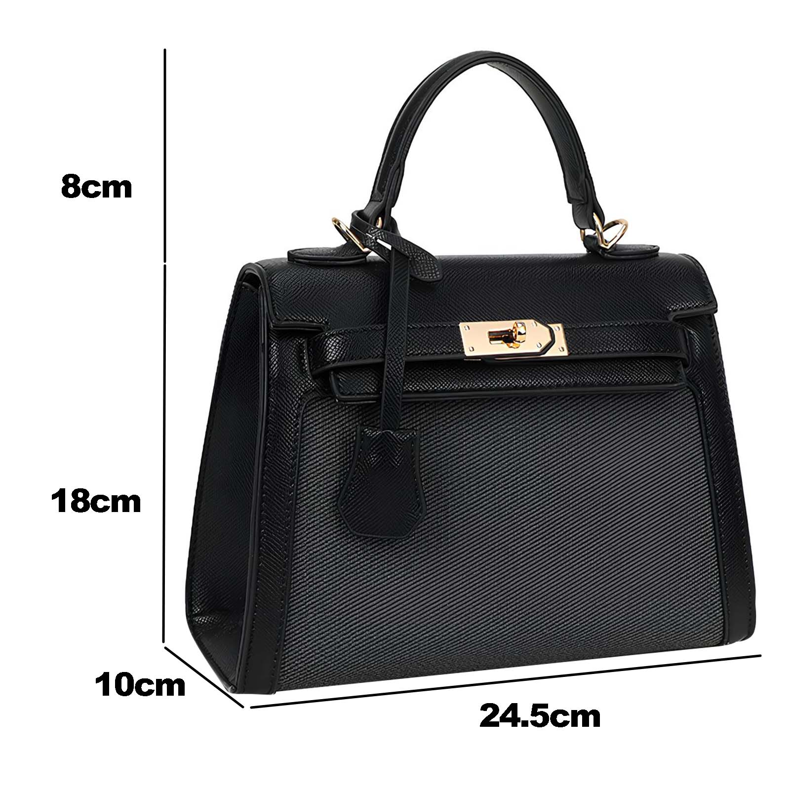 Bolso negro con cierre dorado, asa y detalle de cerradura. Dimensiones: 8cm, 18cm, 10cm y 24,5cm.