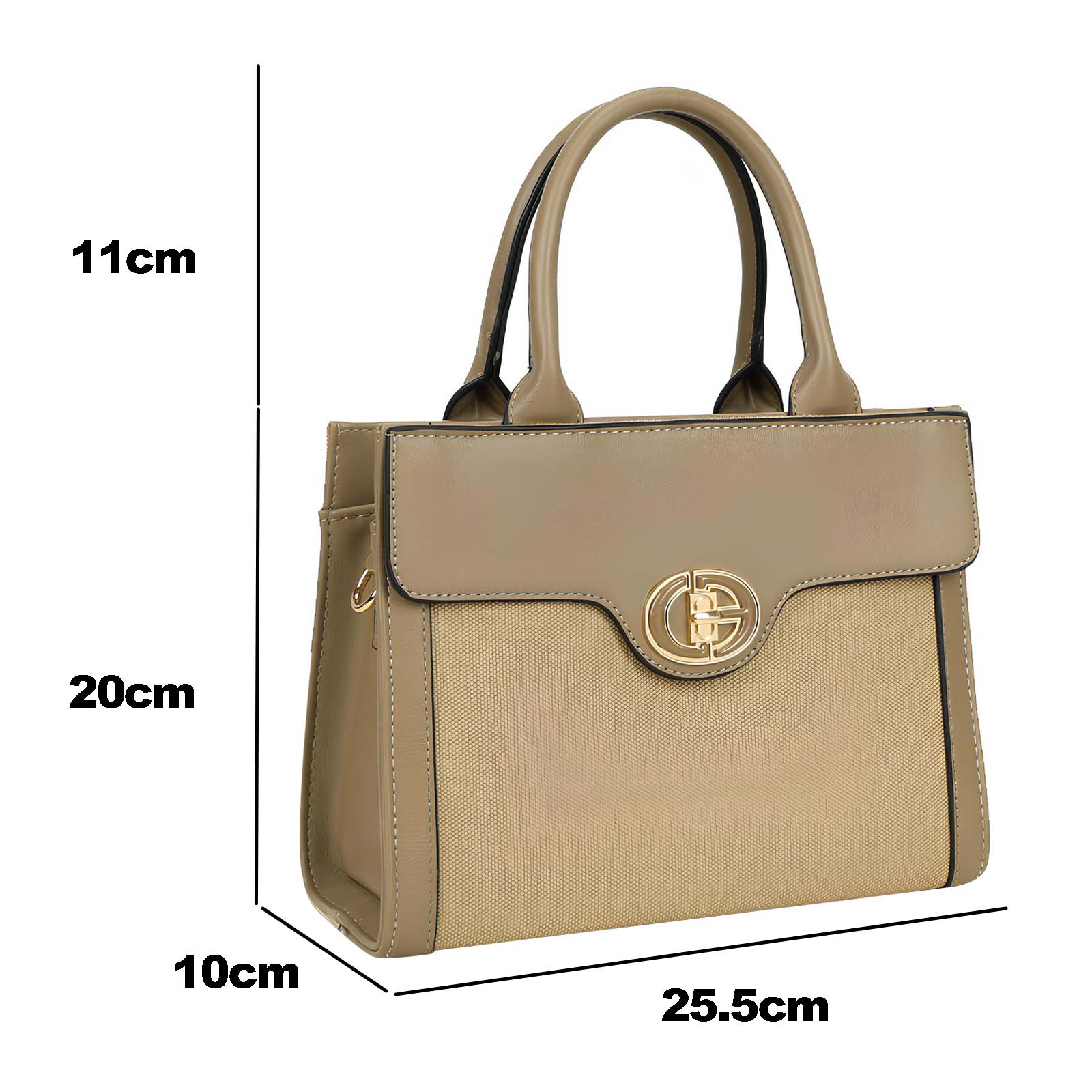 Bolso de mano color canela con asas, dimensiones etiquetadas. Cuenta con solapa frontal y emblema dorado. Fondo blanco.