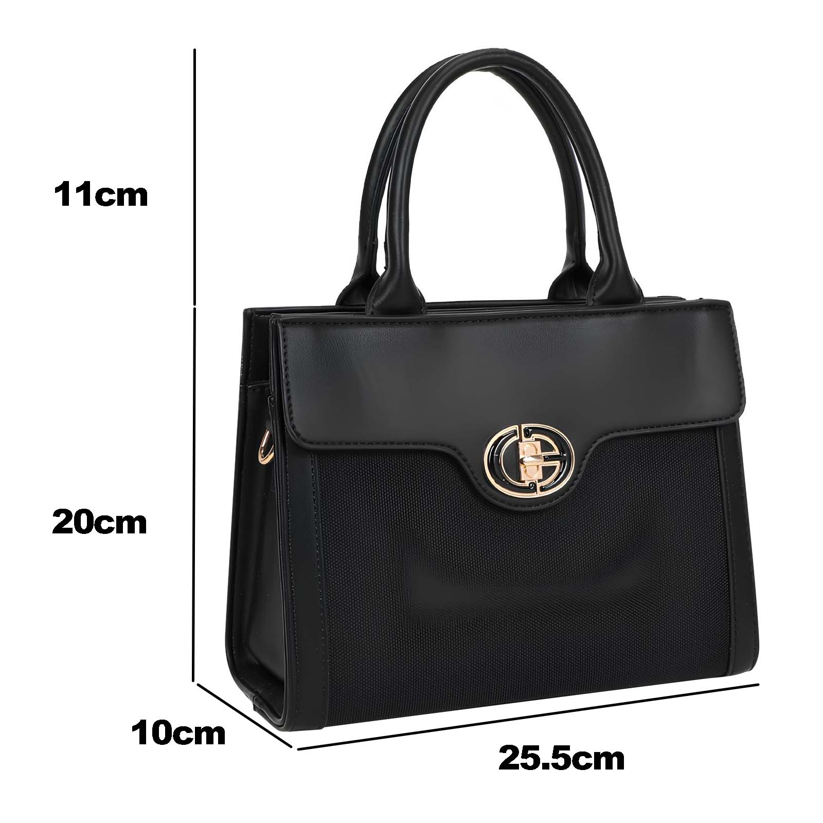 Bolso de mano negro con cierre dorado, asas superiores. Dimensiones: 25,5 cm ancho, 10 cm profundidad, 20 cm alto. Asa 11 cm.