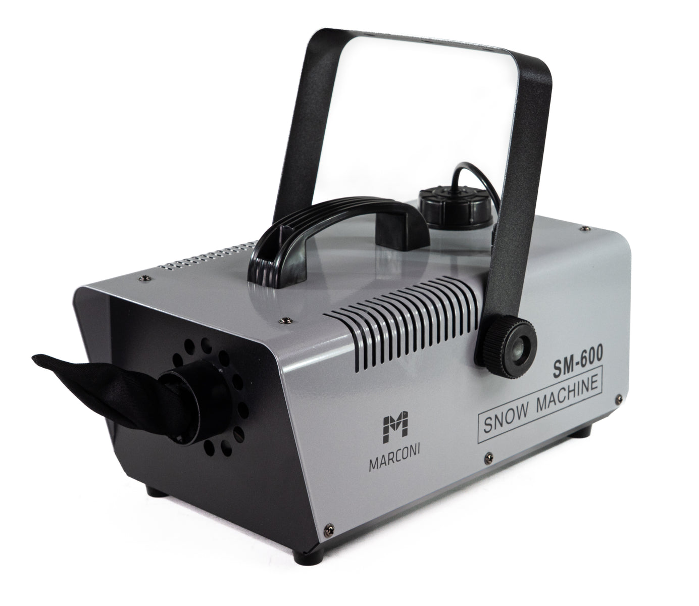 Eine grau-schwarze Marconi SM-600 Schneemaschine steht auf weißem Untergrund. Sie hat einen Griff und eine Düse mit schwarzem Stoff.