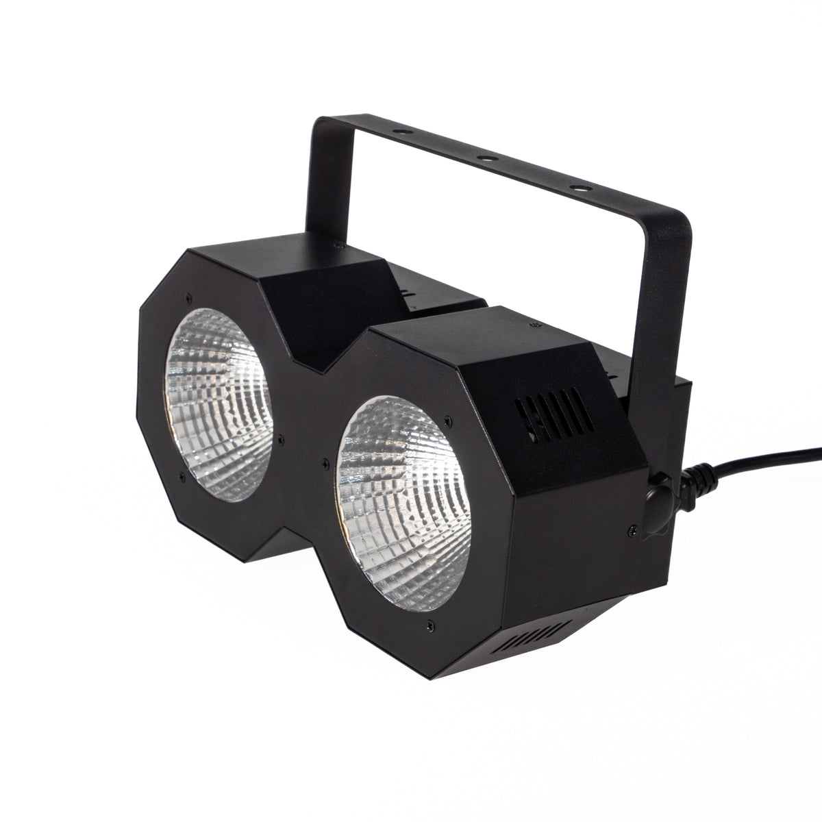 Schwarzes Bühnenlicht mit zwei hellweißen LED-Leuchten, Griff oben und Netzkabel auf weißem Hintergrund.