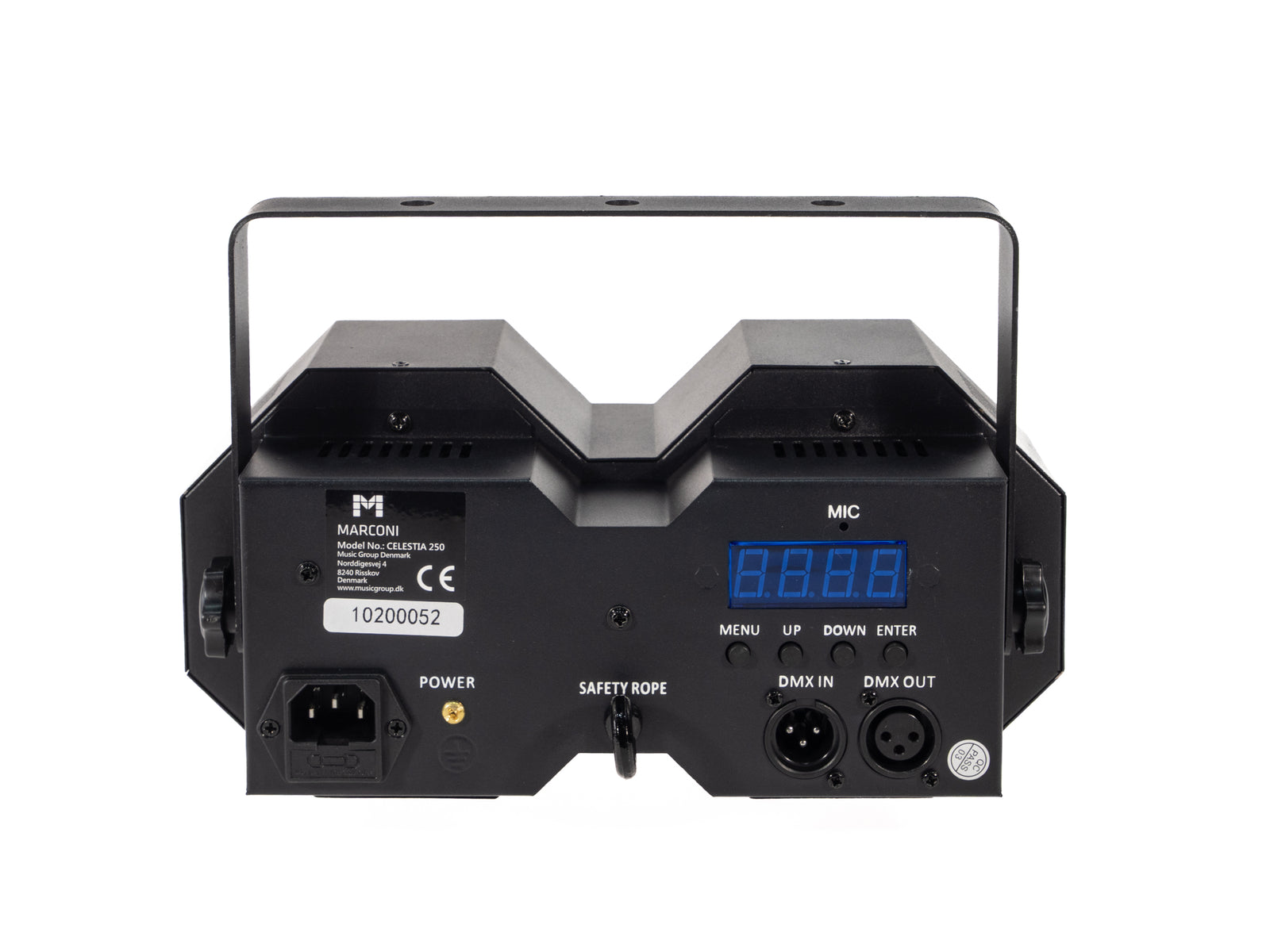 Schwarzes Marconi CELESTIA 250 Licht. Es hat eine Digitalanzeige, Tasten, Strom- und DMX-Anschlüsse und eine Seilbefestigung.