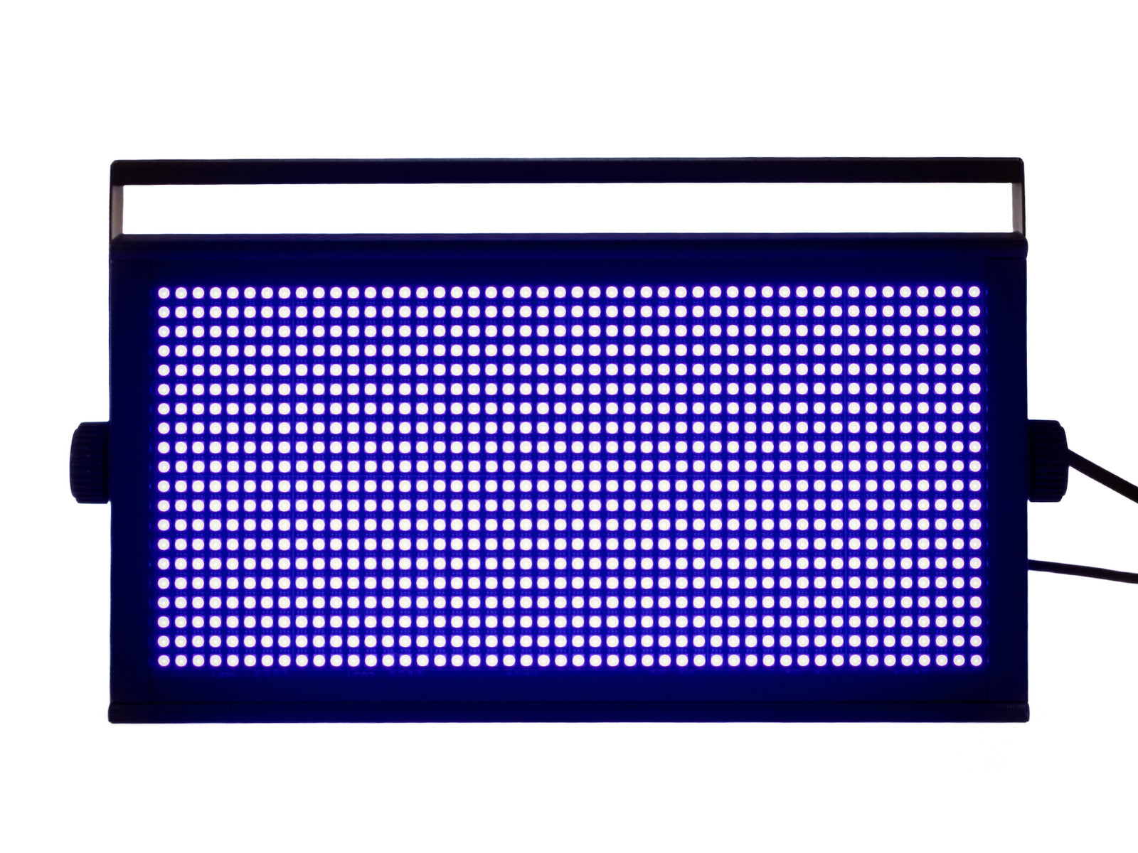 Ein rechteckiges LED-Panel mit blauen Lichtern. Es hat einen schwarzen Rahmen und einen Griff oben.