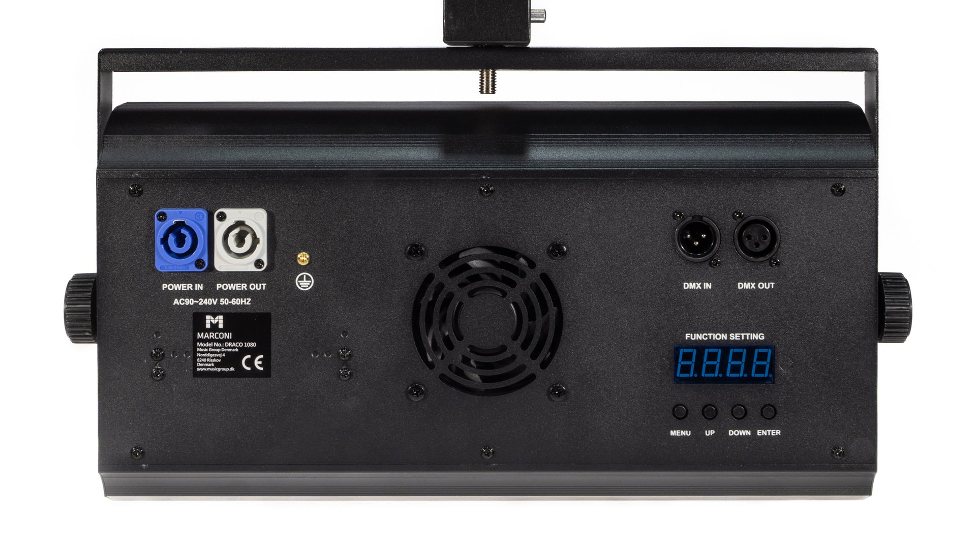 Schwarzes Marconi DRACO 1080 Gerät mit Strom- und DMX-Anschlüssen, einem Lüfter und einer Digitalanzeige '8.8.8.8'.