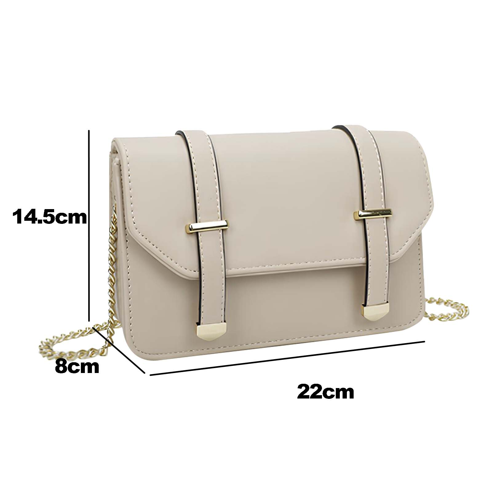 Bolso beige rectangular con cadena y detalles dorados. Medidas: 22cm, 8cm y 14.5cm.
