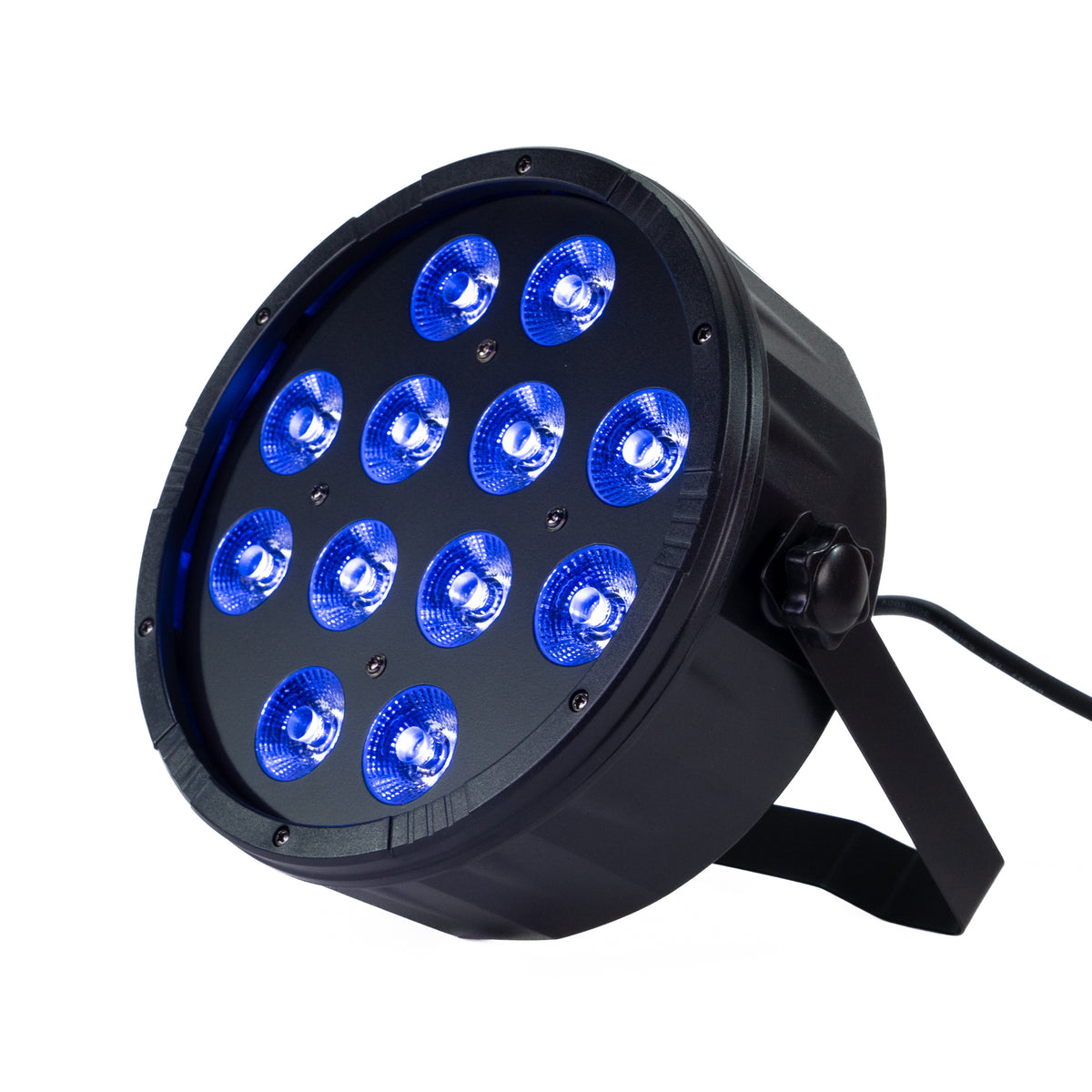 Ein schwarzes LED-Par-Licht mit 12 blauen Lichtern auf weißem Hintergrund. Es hat einen Griff und ein Netzkabel.