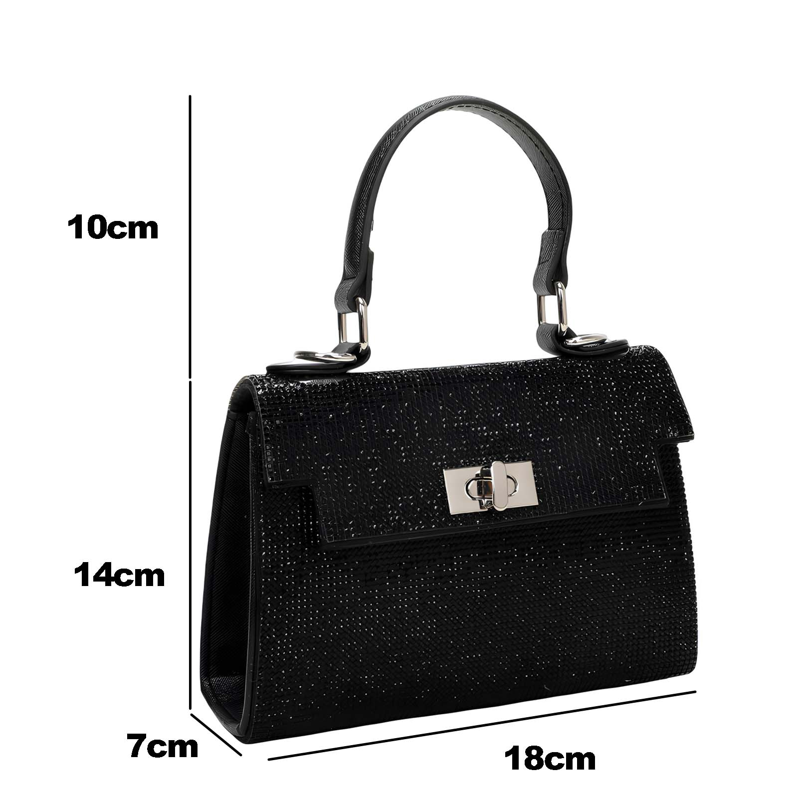Se muestra un bolso negro con asa. Las dimensiones son 10cm, 14cm, 7cm y 18cm. Tiene un cierre metálico.