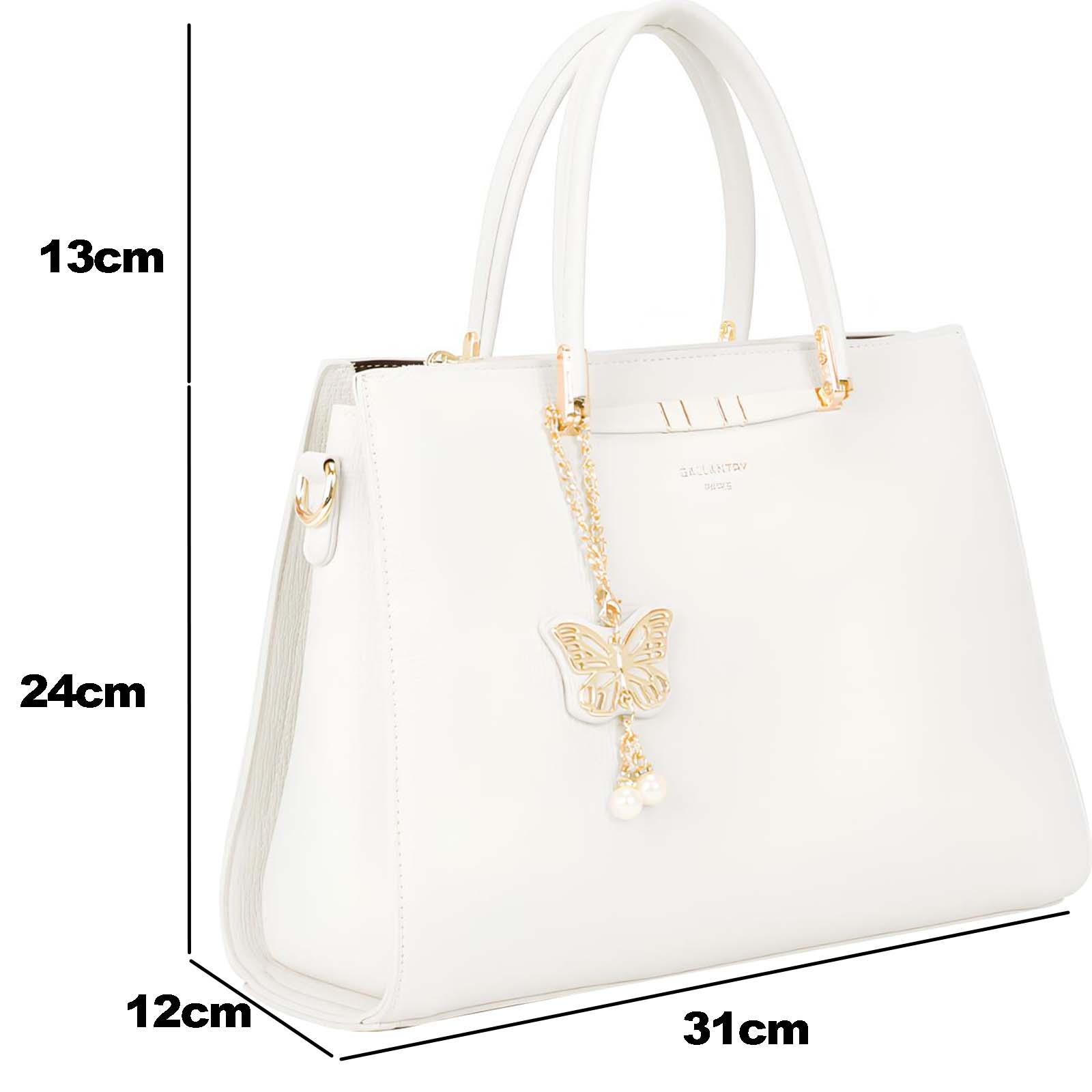 Bolso blanco con asas superiores, dije de mariposa, y dimensiones: 31x24x12 cm. Marca visible.