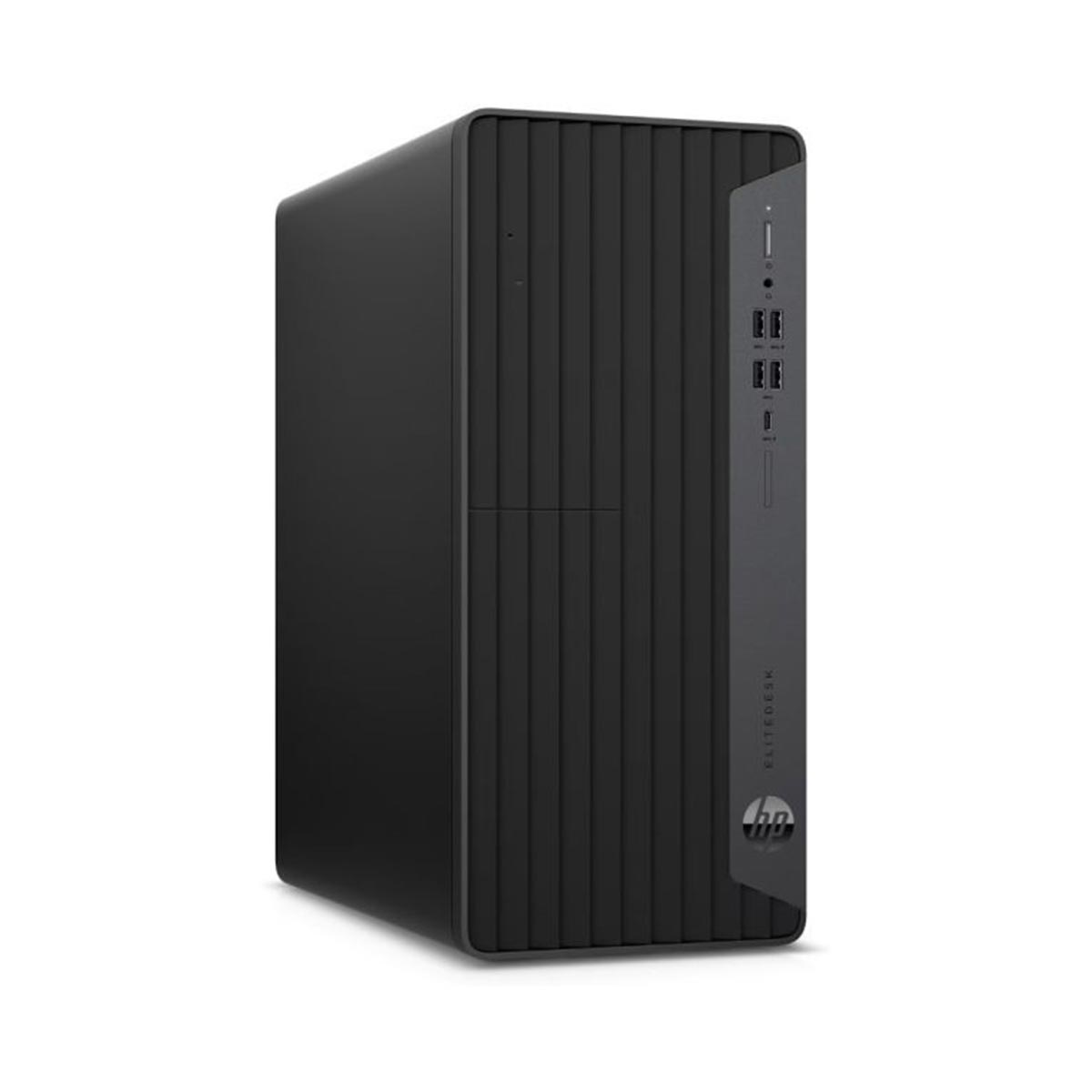 Czarna wieża komputera HP EliteDesk. Ma pionowe linie z przodu i porty z boku. Widoczne jest logo HP.