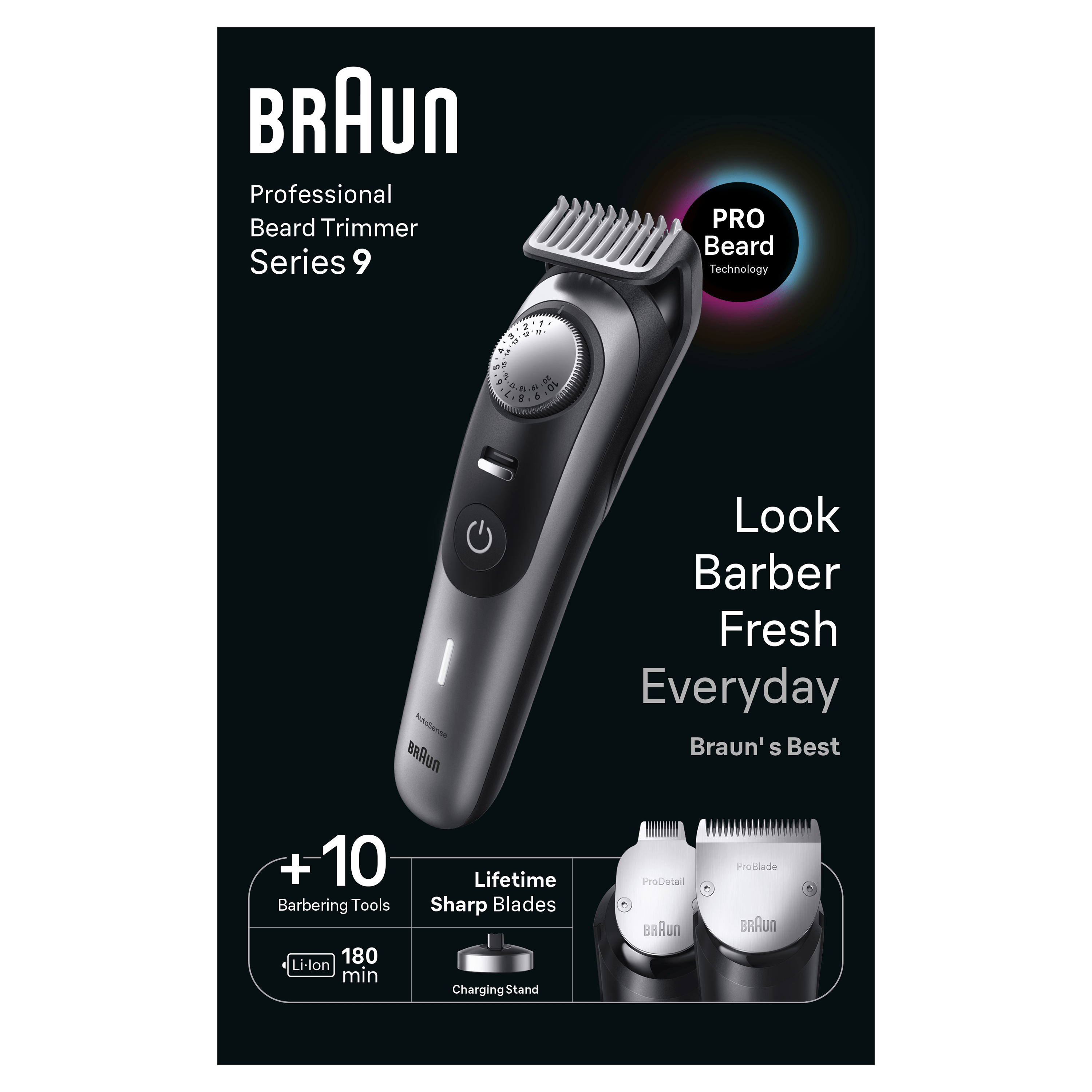 Braun sakal kesme makinesi reklamı. Tıraş makinesini, özellikleri ve metni gösterir: Look Barber Fresh Everyday.