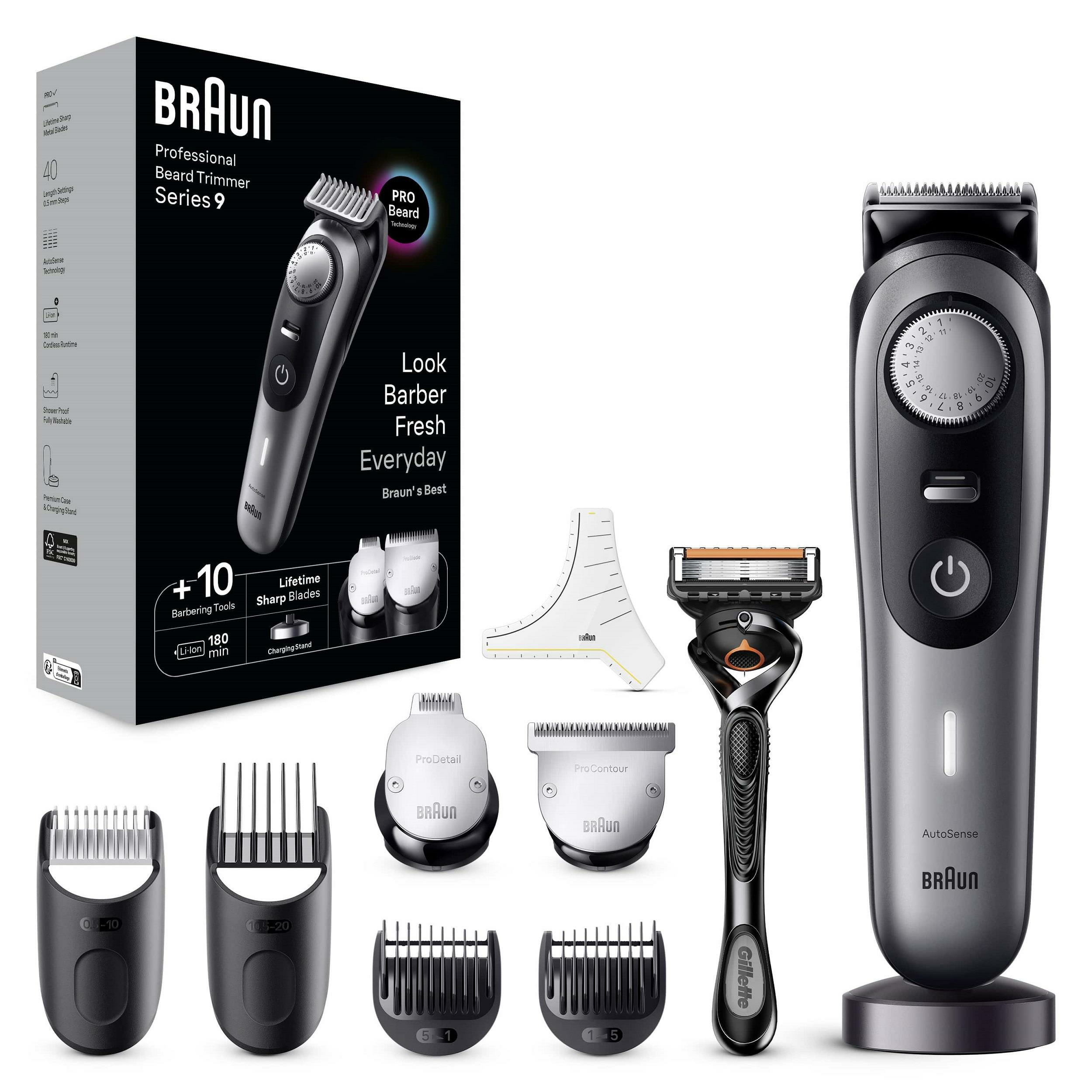 Aksesuarla birlikte bir Braun Series 9 sakal düzeltici görüntüleniyor. Düzeltici, tıraş makinesi ve ataşmanlar içerir. Siyah ve gümüş.