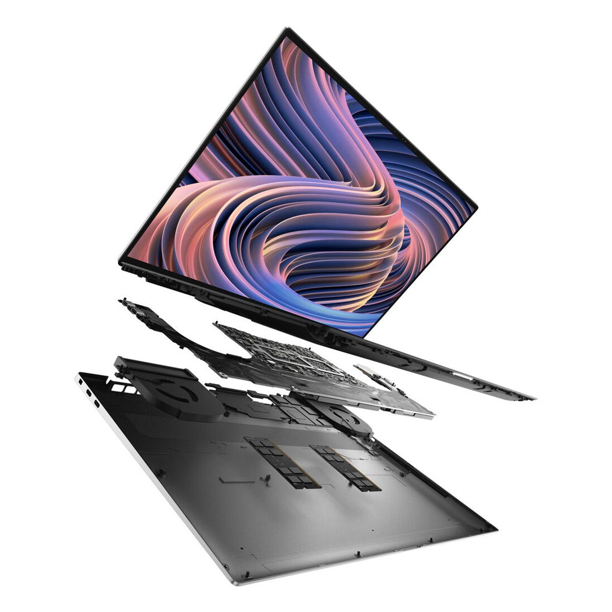 Widok rozłożonego laptopa. Ekran wyświetla kolorowe, abstrakcyjne wiry. Komponenty laptopa rozdzielone, pokazujące części wewnętrzne.