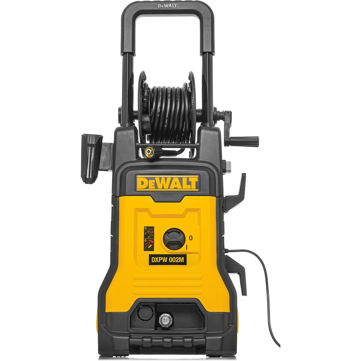 Ein gelb-schwarzer DeWalt-Hochdruckreiniger. Er hat eine Schlauchtrommel und einen Griff. Die Modellnummer ist DXPW 002M.