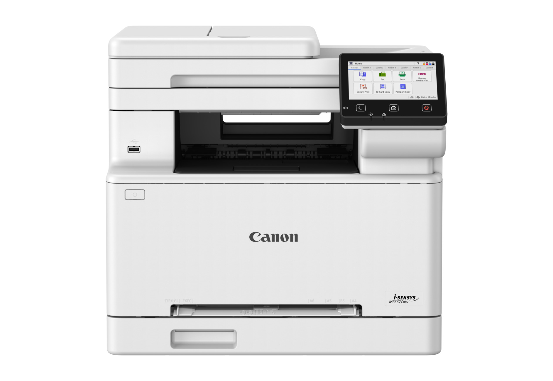Una stampante Canon i-SENSYS bianca. Ha un touchscreen, una porta USB e vari pulsanti. Il logo e il nome del modello sono visibili.