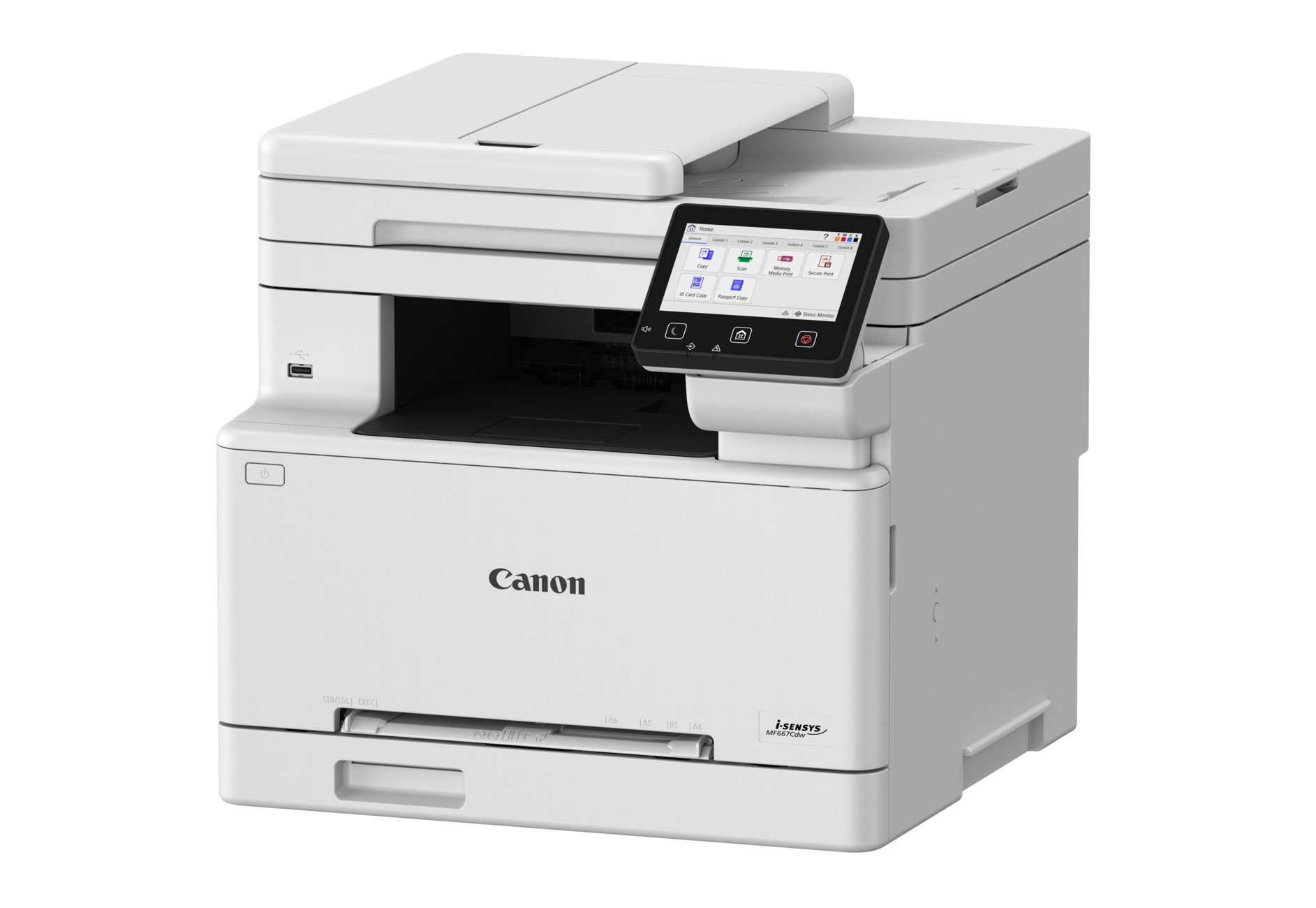Viene mostrata una stampante Canon i-SENSYS MF667Cdw bianca. Ha un touchscreen, un vassoio carta e una porta USB. La stampante è su sfondo bianco.