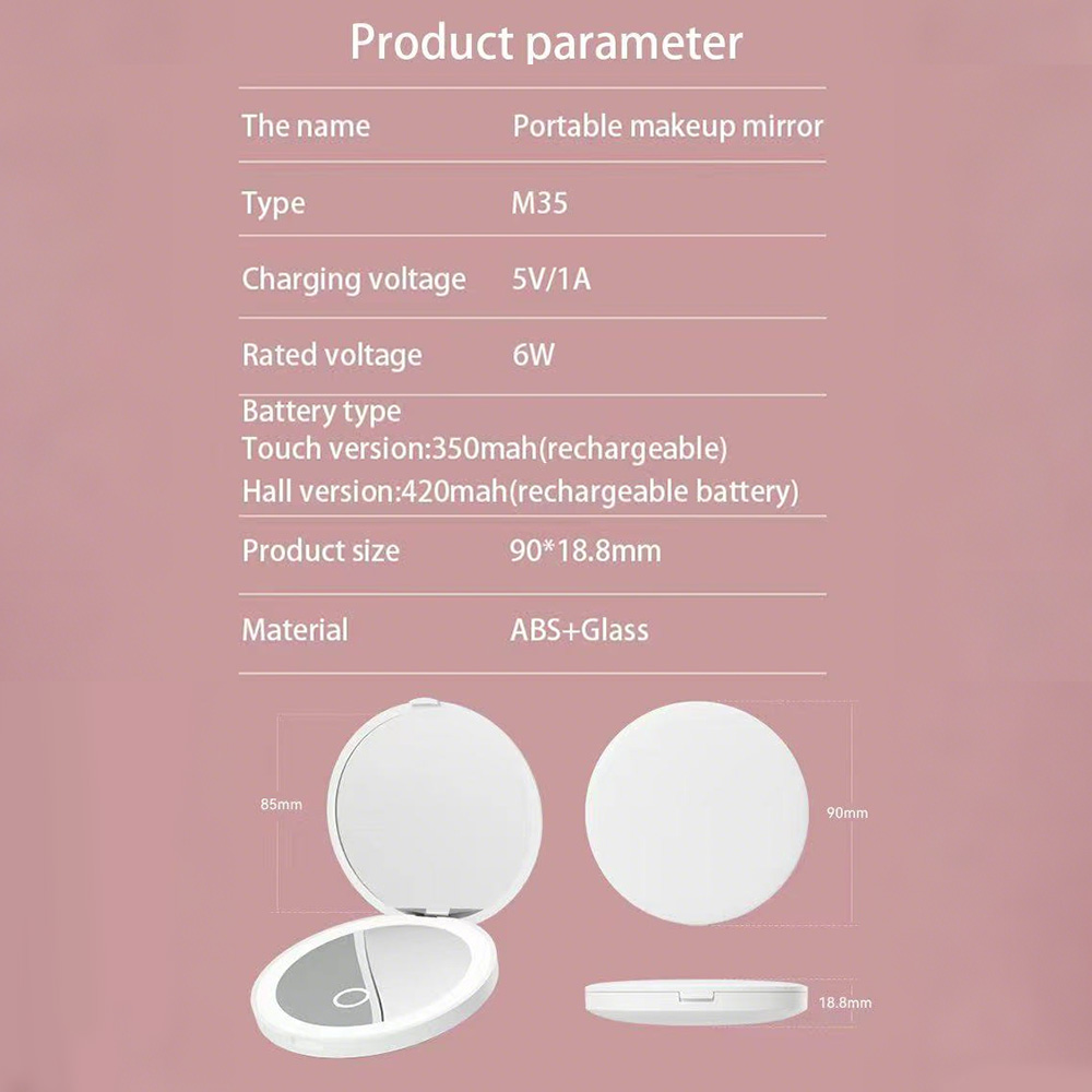 Das Bild zeigt Produktdetails eines tragbaren Make-up-Spiegels. Es enthält Spezifikationen wie Typ, Spannung, Größe und Materialien.