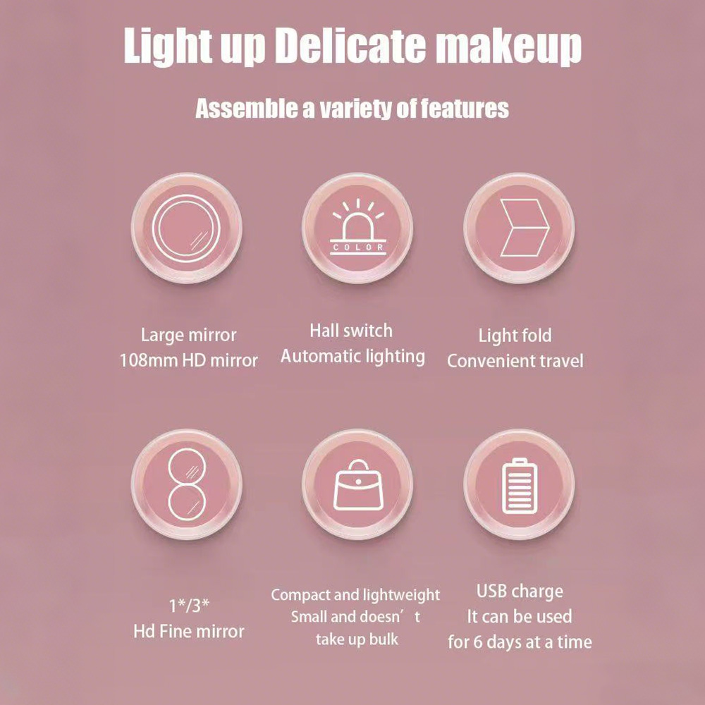 Das Bild bewirbt ein Make-up-Produkt mit Funktionen wie großem Spiegel, automatischer Beleuchtung und USB-Aufladung. Es unterstreicht seine kompakte Größe.